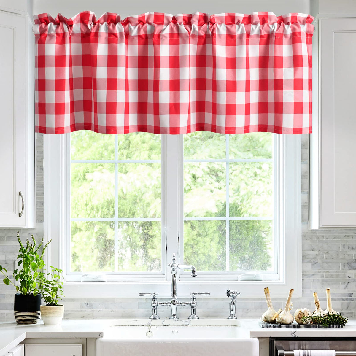 Hiasan Buffalo Plaid Curtains Valances For Windows - Red And White Christmas Semi Sheer Checkered Rod Pocket Valance For Living