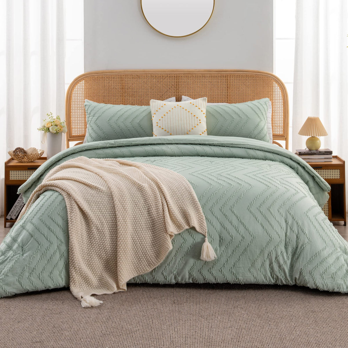 Litanika Sage Green California King Comforter Set, 3 Pieces Cal King Oversized Chevron Tufted Boho Bedding Comforter Sets, Fluff