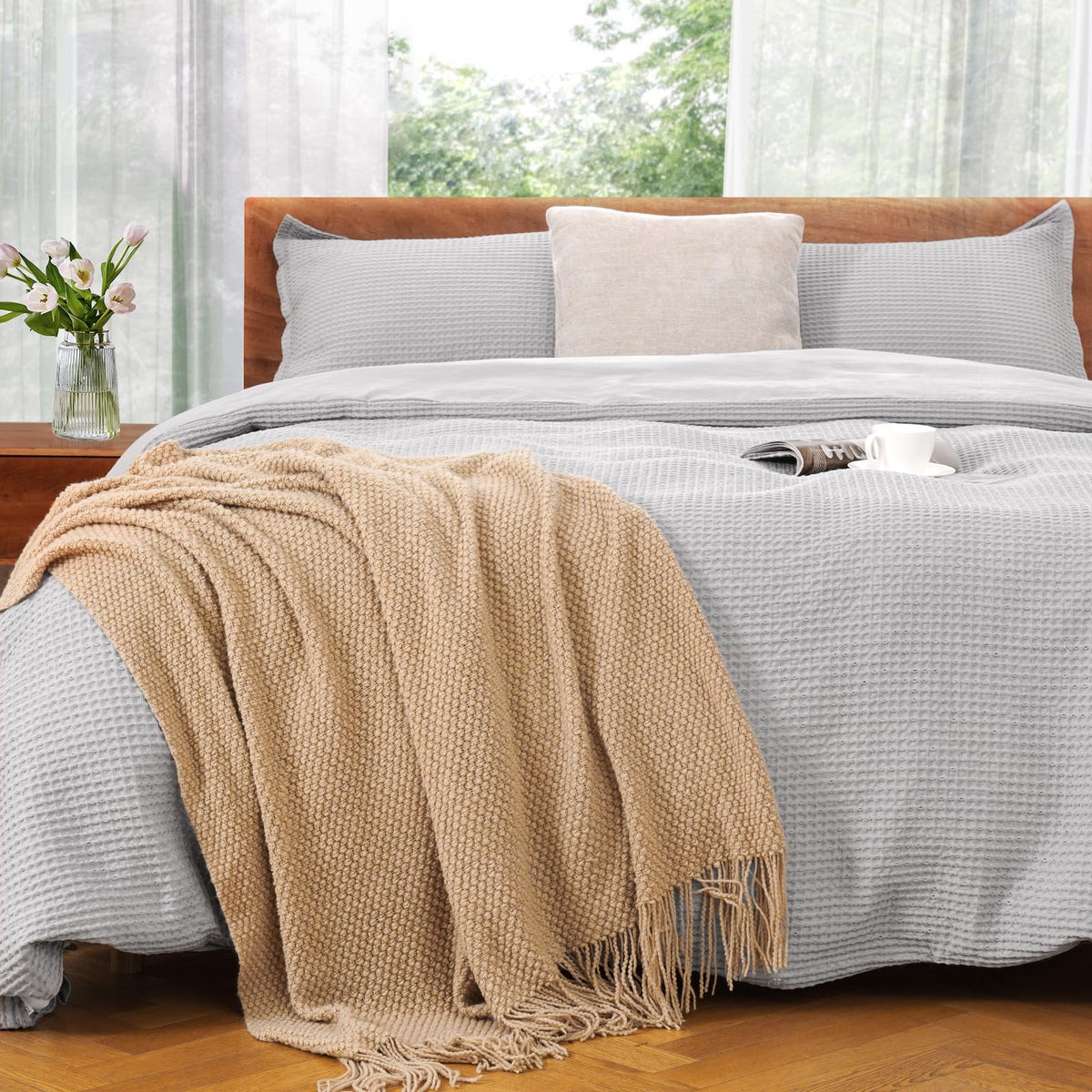 Valuxe Duvet Cover Set King Size 100% Cotton,Light Gray Waffle Weave Soft And Breathable 3 Pcs Bedding Set (1 Duvet Cover And 2
