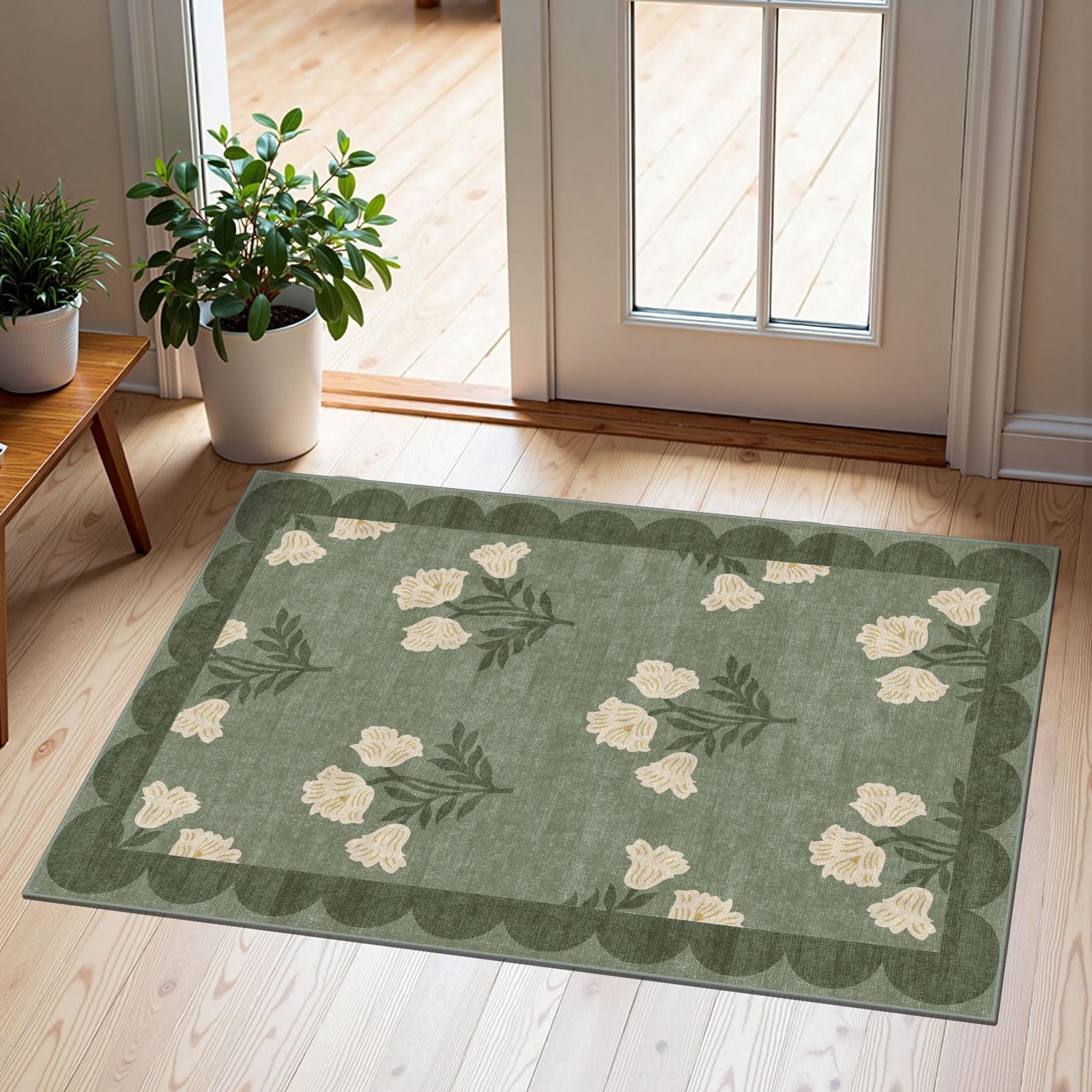 Othilic Front Door Mat Indoor Entrance - 2x4.3 Ft Floral Washable Layered Doormat Outdoor Entrance Porch Rug Non-Slip Sage Green