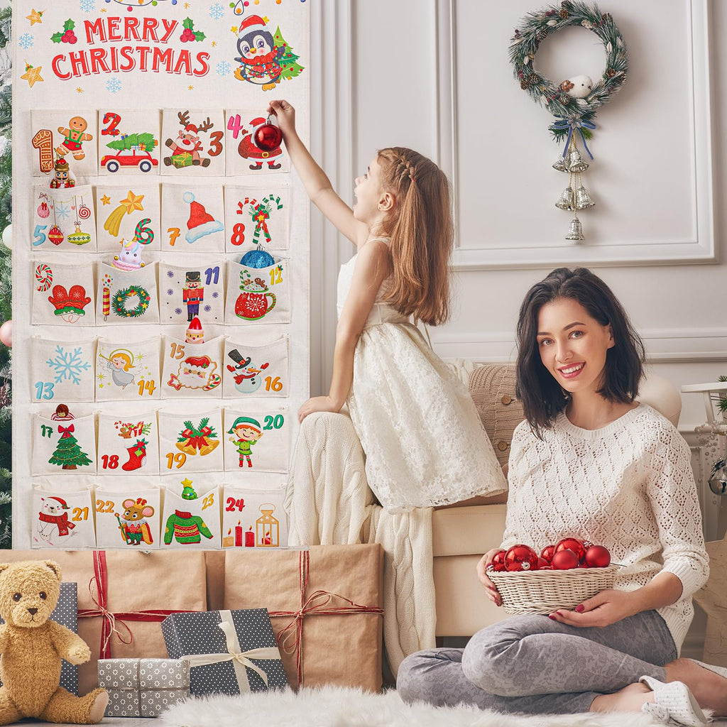 Howaf Fabric Christmas Advent Calendar (Countdown To Christmas), 24 Days Mystery Christmas Countdown Calendar With 24 Pockets Fo