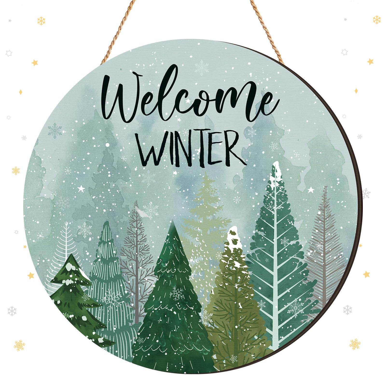 BBTO Winter Welcome Sign for Front Door Decor Winter Pine Tree Door Sign Wood Snowflake Hanging Decor Wreath for Rustic Porch Fr