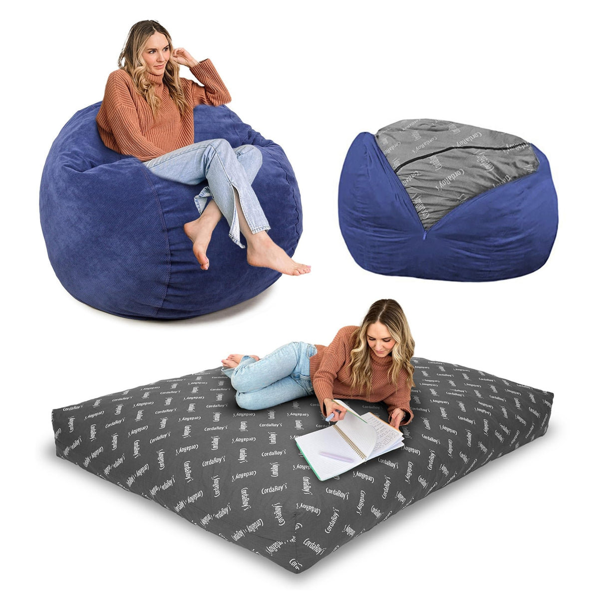 Cordaroy'S Corduroy Bean Bag - Convertible Bean Bag Chair & Bed - Machine-Washable Corduroy Fabric Cover - For Basement, Living