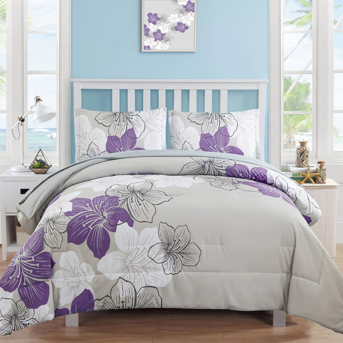 Purple Comforter Set Queen Size, Purple Floral Pattern Printed On Light Grey, Soft Microfiber 7 Pieces Bed In A Bag (1 Comforter