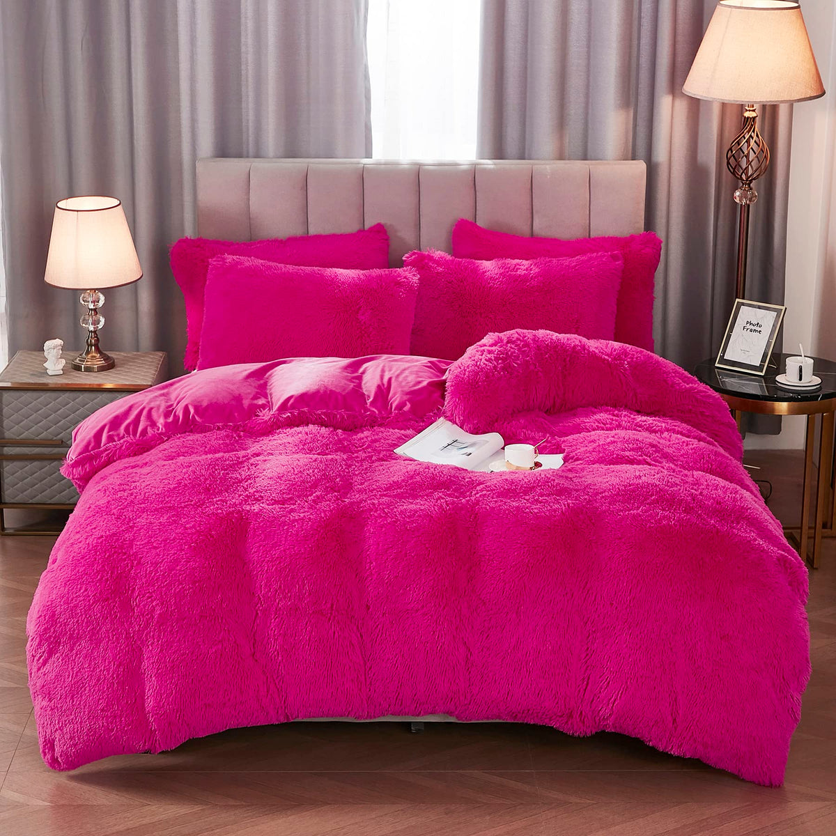 Werdim Shaggy Fluffy Faux Fur Duvet Cover Set Button Closure Velvety Bedding Set Comforter Cover With Pillowcases Hot Pink, Twin