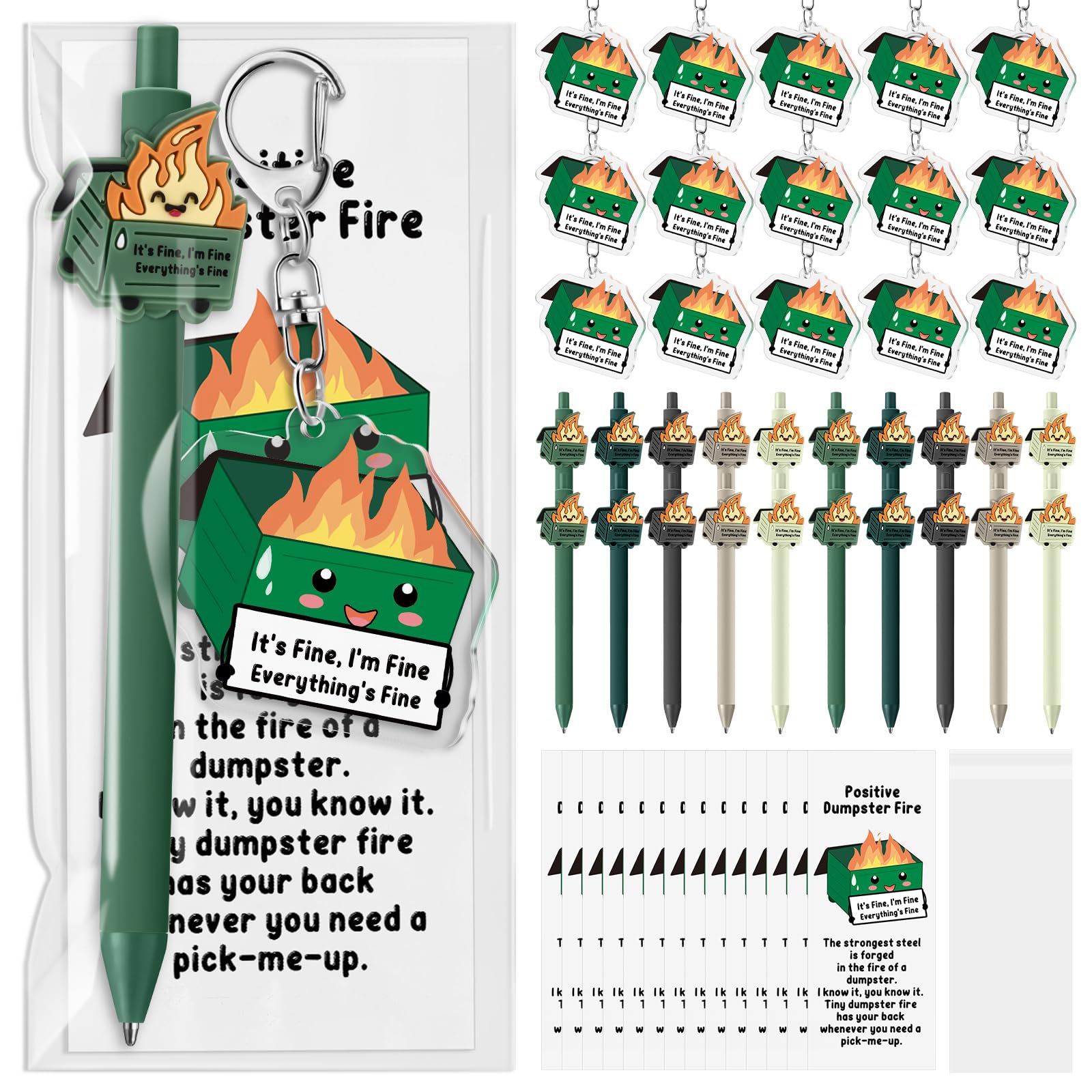 Sayglossy 30 Sets Dumpster Fire Pen Gifts for Coworker Positive Funny Pens Dumpster Fire Desk Accessories Acrylic Keychains Book