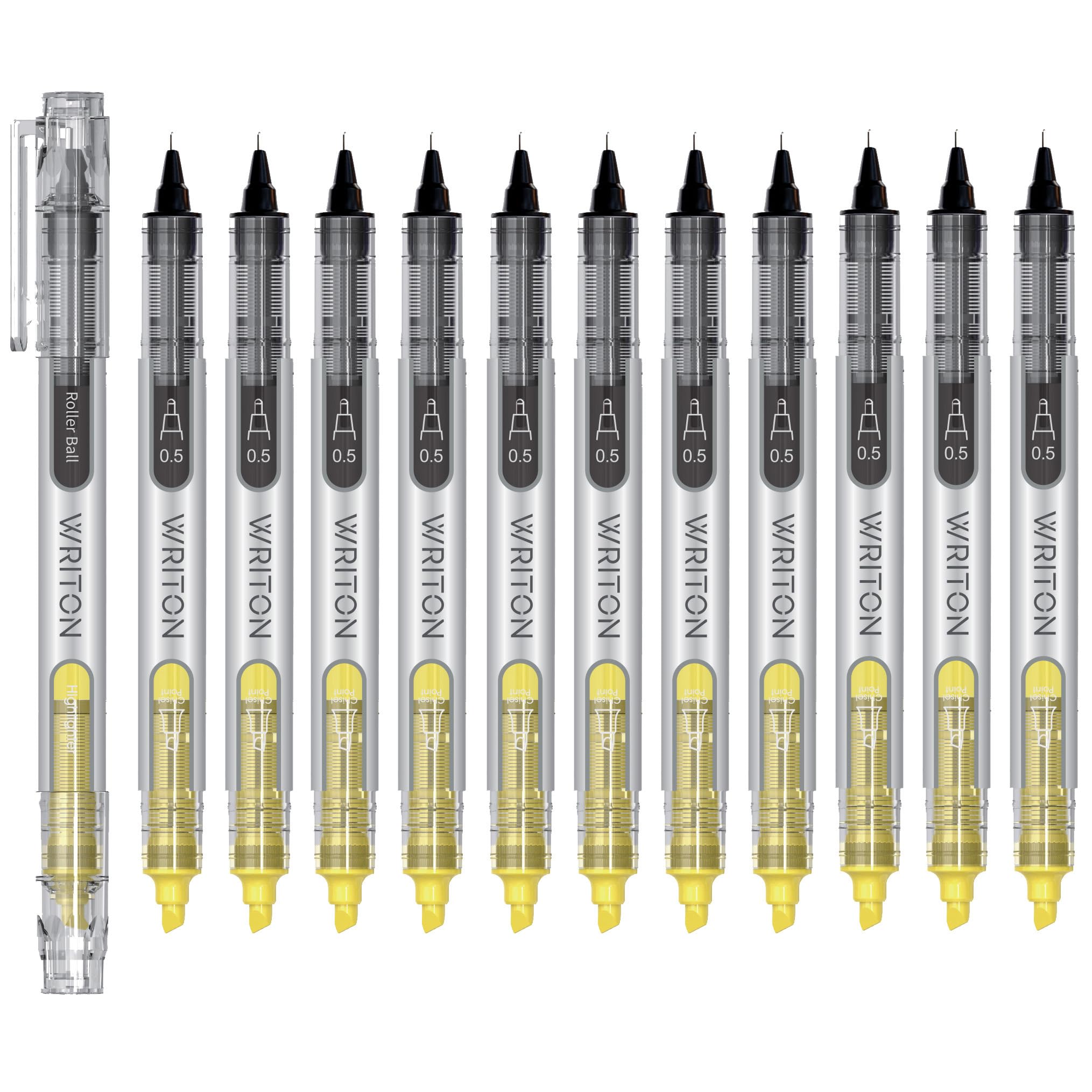 Writon, Liquid Ink Rollerball Pen And Highlighter Combo, 0.5Mm Extra Fine Precision Needle Point, Black Ink, 12 Pack