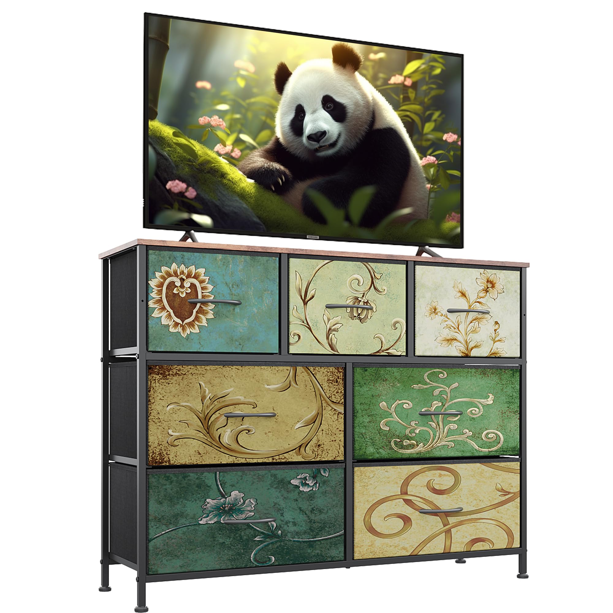 WLIVE Dresser TV Stand, Entertainment Center with Fabric Drawers, Media Console Table with Metal Frame and Wood Top for TV up to
