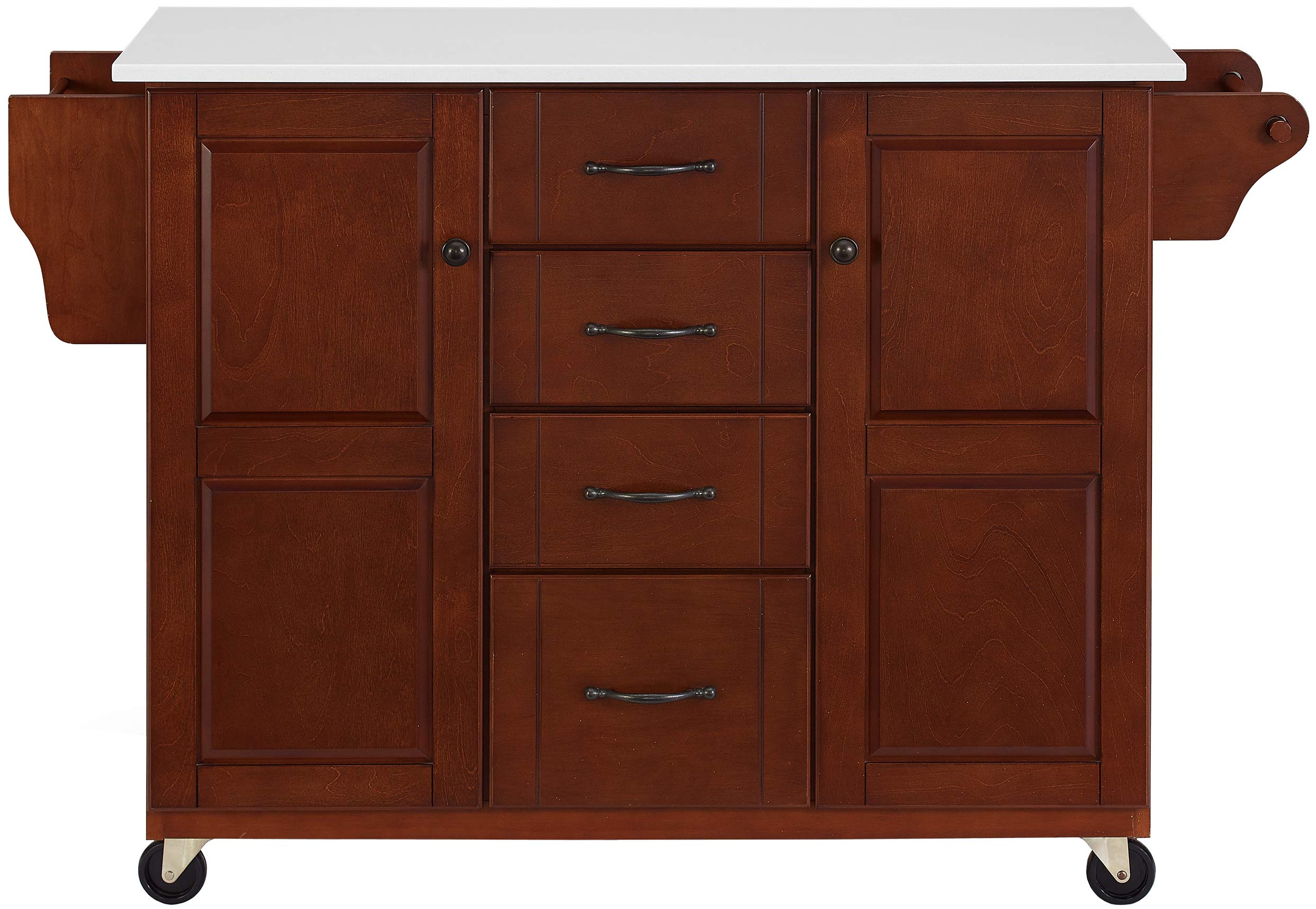 Crosley Furniture Eleanor Stone Top Rolling Cart And Kitchen Island With Spice Rack, Drawers And Shelves, Mahogany