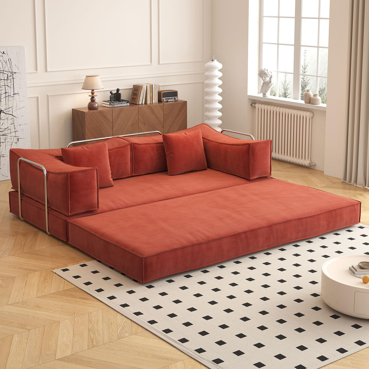 82.67'Fold-Out Sofa Bed Modern Loveseat Sofa,Convertible Chair Floor Couch With Removable Backrest,Comfy High Density Foam Matt