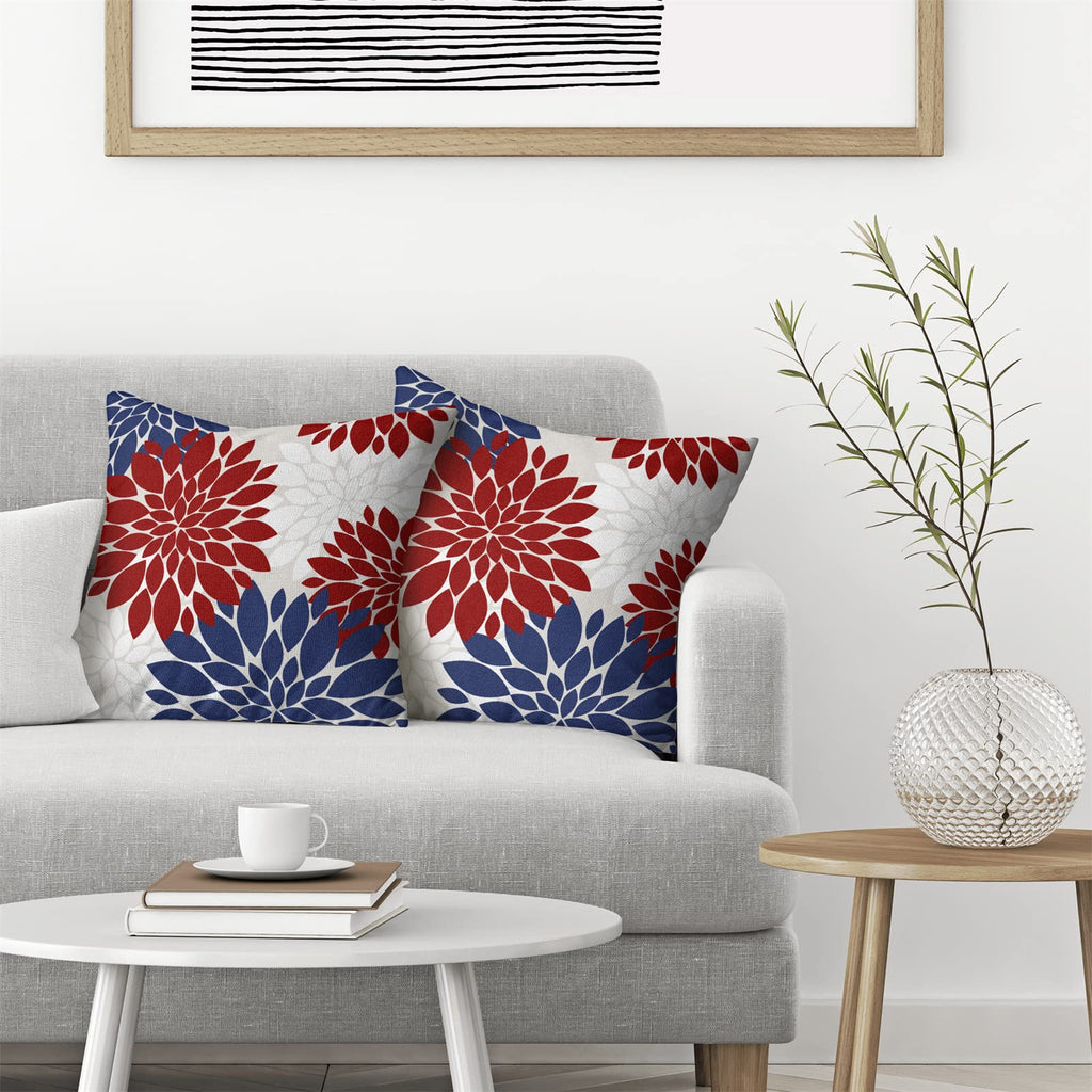 4Th Of July Pillow Covers 18X18 Inch Set Of 2 Patriotic Themed Navy Blue Red White Dahlia Floral Decor Throw Pillows Modern Geom