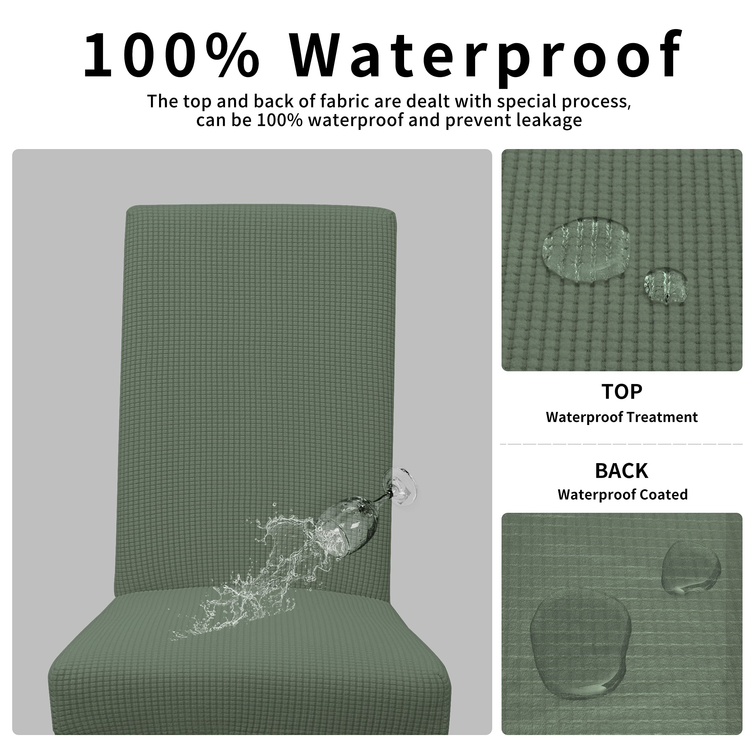 Easy-Going 100% Waterproof Dining Room Chair Cover Set Of 6, Stretch Jacquard Parson Chair Slipcover Removable Washable Chair Protector For Home, Restaurant, Banquet (Large, Grayish Green)