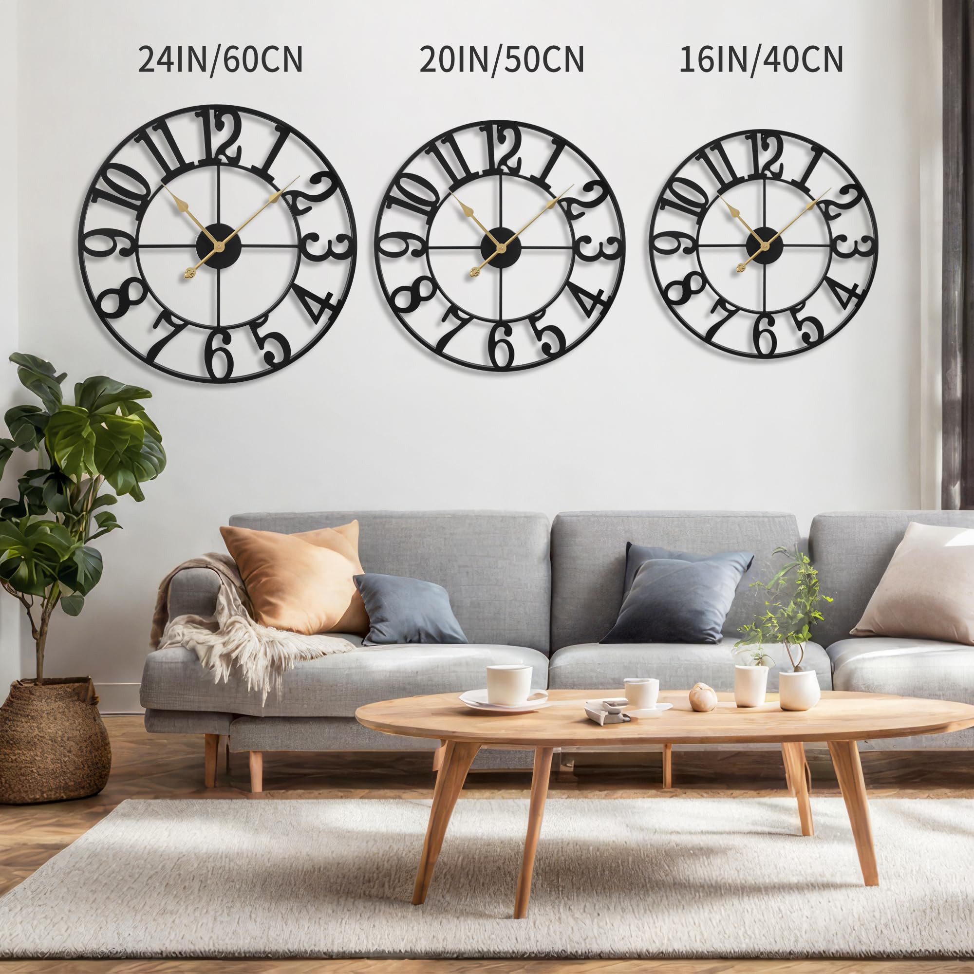 Leike Large Wall Clocks,Silent,Non Ticking,Battery Operated Rustic Round Modern Big Metal Wall Clock For Living Room, Bedroom,Ki