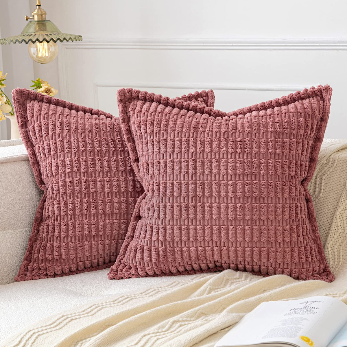 Miulee Cranberry Red Corduroy Decorative Throw Pillow Covers Pack Of 2 Soft Striped Pillows Pillowcases With Broad Edge Modern B