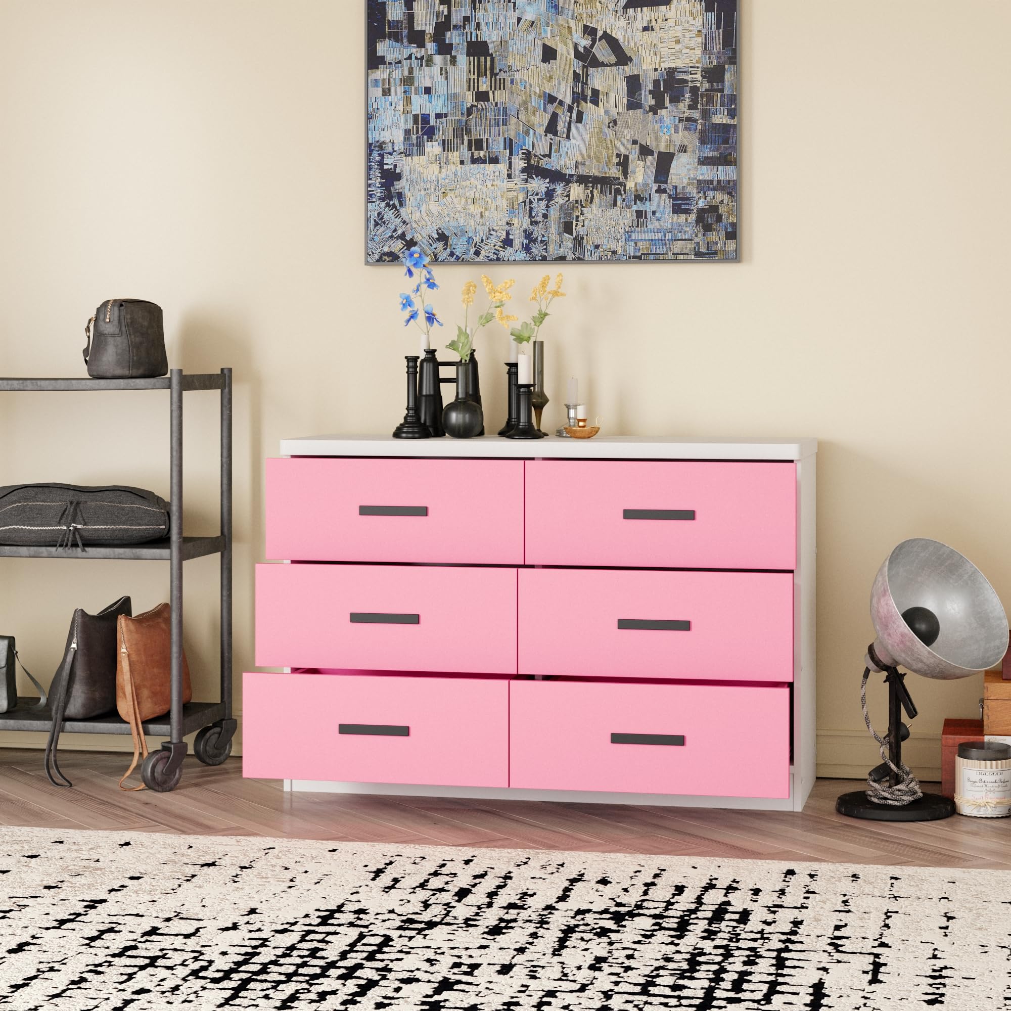 Woodpeckers Furniture And Mattress Double Dresser 6 Drawer DD (White & Pink)