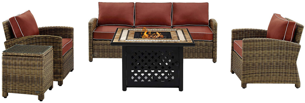 Crosley Furniture Bradenton 5-Piece Wicker Outdoor Sofa Patio Furniture Set with Propane Gas Fire Pit Table, Brown with Sangria Cushions