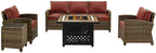 Crosley Furniture Bradenton 5-Piece Wicker Outdoor Sofa Patio Furniture Set with Propane Gas Fire Pit Table, Brown with Sangria Cushions