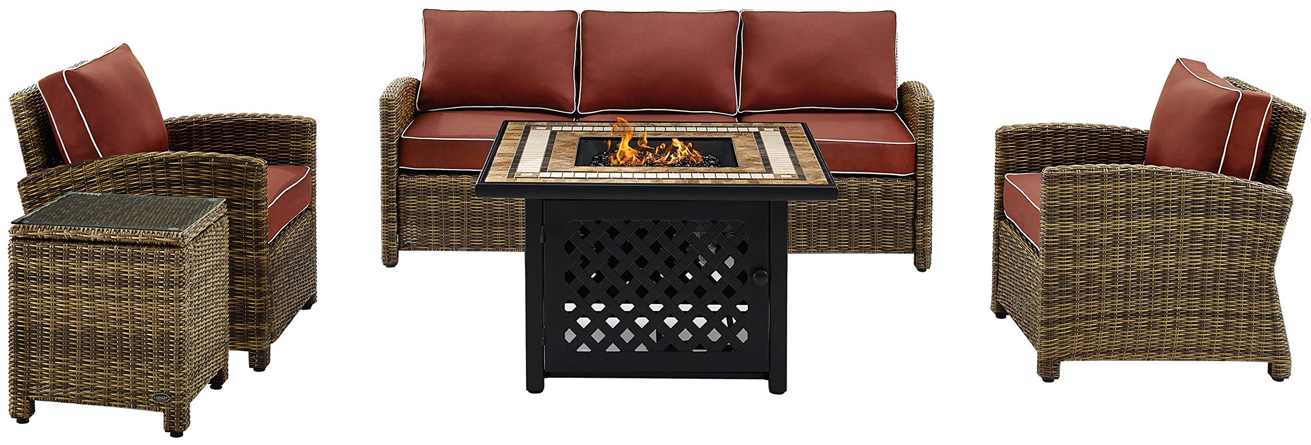 Crosley Furniture Bradenton 5-Piece Wicker Outdoor Sofa Patio Furniture Set with Propane Gas Fire Pit Table, Brown with Sangria Cushions