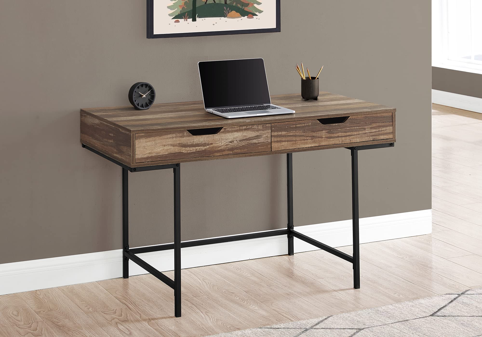 Monarch Specialties I 7557 Computer Desk, Home Office, Laptop, Storage Drawers, 48' L, Work, Metal, Laminate, Brown, Black, Contemporary, Modern