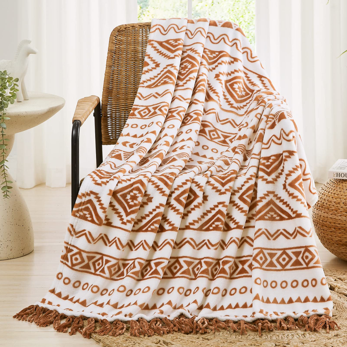 Casaagusto Boho Twin Blanket, Ultra Soft And Cozy Terrcotta Aztec Blankets For Couch, Bed, Sofa, Chair - Printed Flannel Fleece
