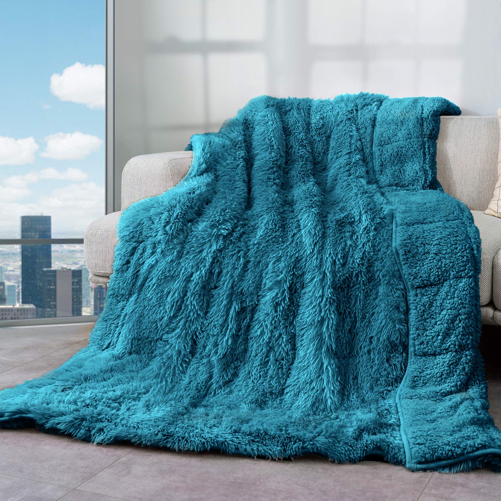 Cottonblue Weighted Blanket 15Lbs, Faux Fur Sherpa Reversible Luxury Snugly Long Fur Heavy Blanket 48X72 Inches,Warm Elegant Plu