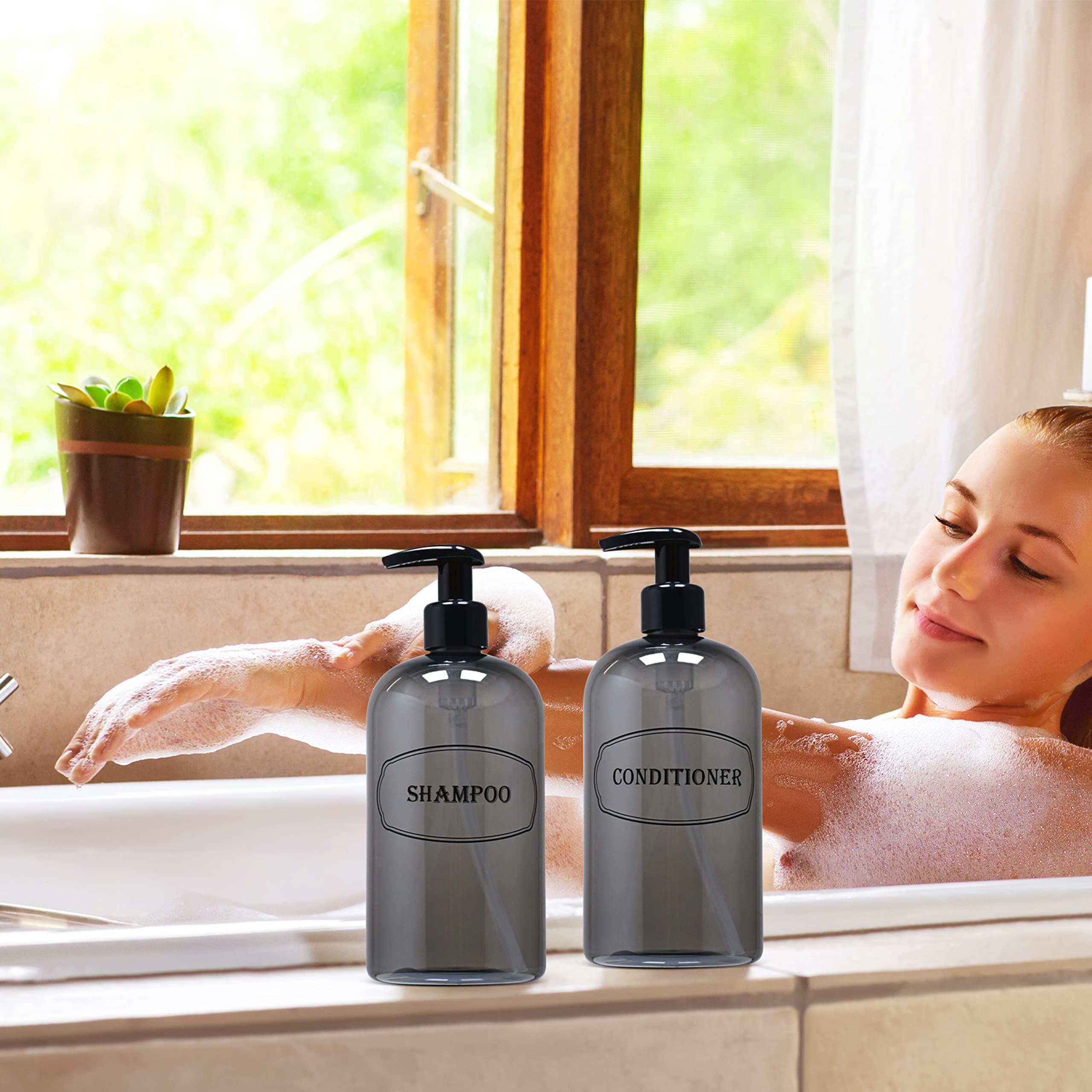 Bottiful Home-16 Oz Gray Shampoo And Conditioner Shower Soap Dispensers-2 Refillable Empty Pet Plastic Pump Bottle Shower Contai