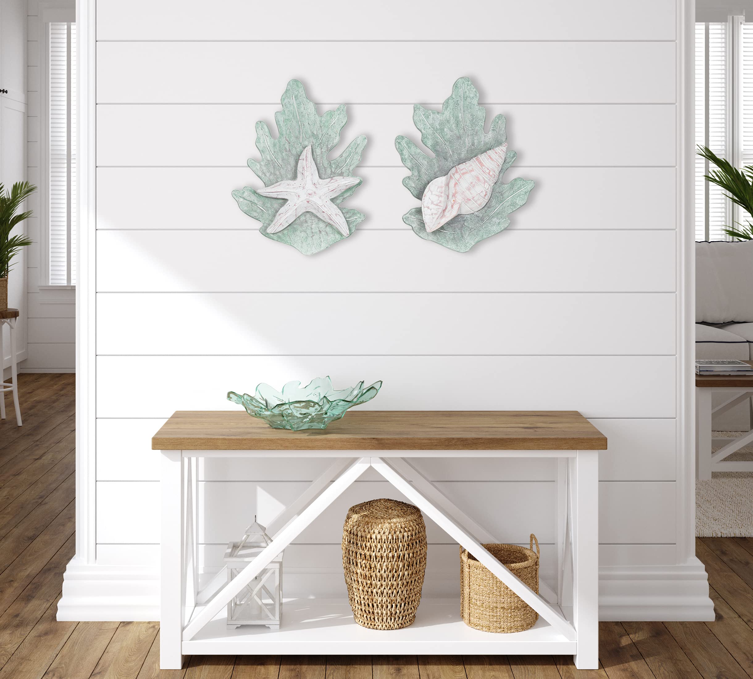 T.I. Design Hand-Carved Wood Starfish And Turban Shell On Reef | Coastal Seashells Beach Wall Decor Set Of 2