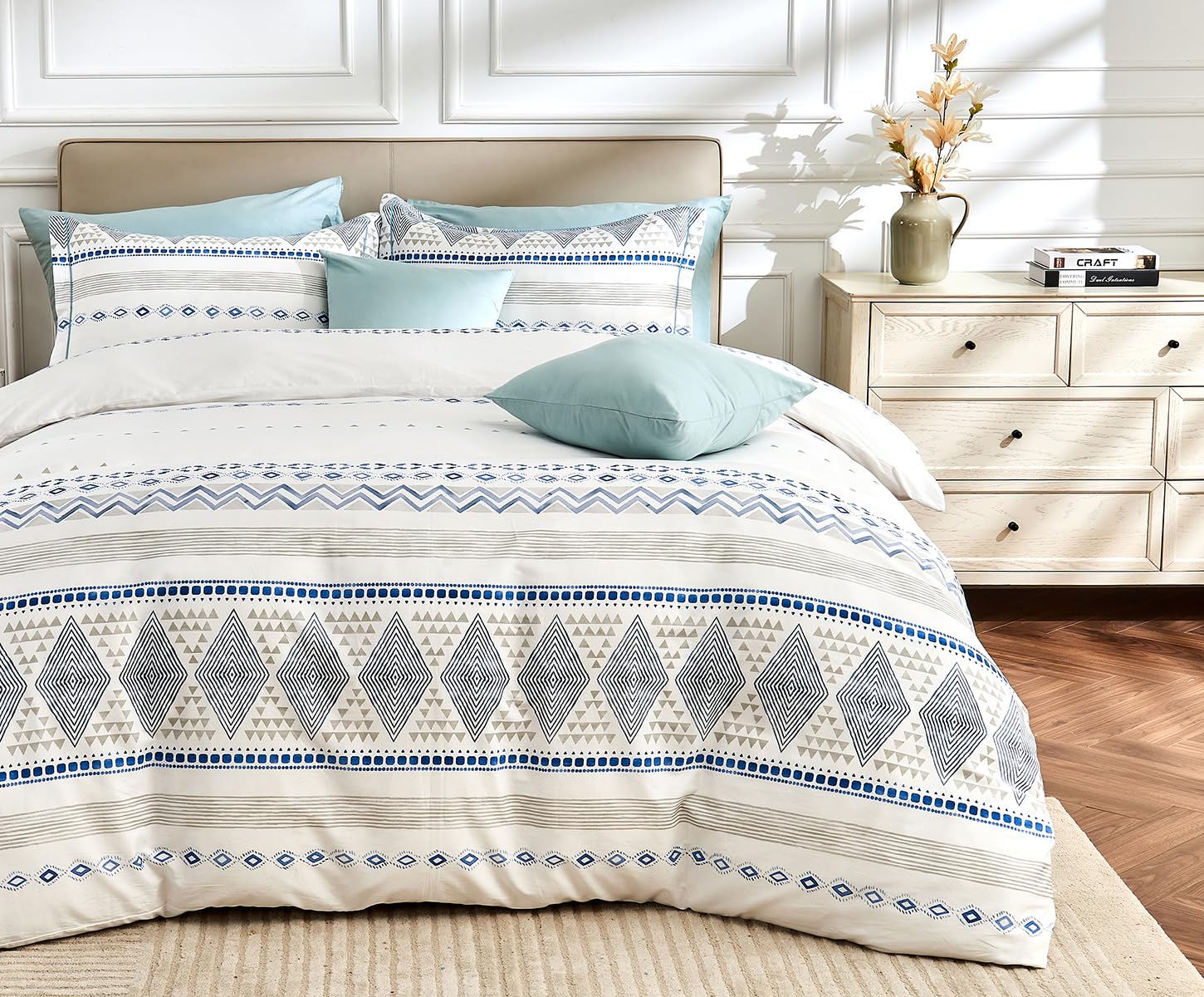 Sleepbella Boho Queen Size Duvet Cover Set - Cotton Reversible Blue/White With Button Closure & Soft, Breathable Fabric