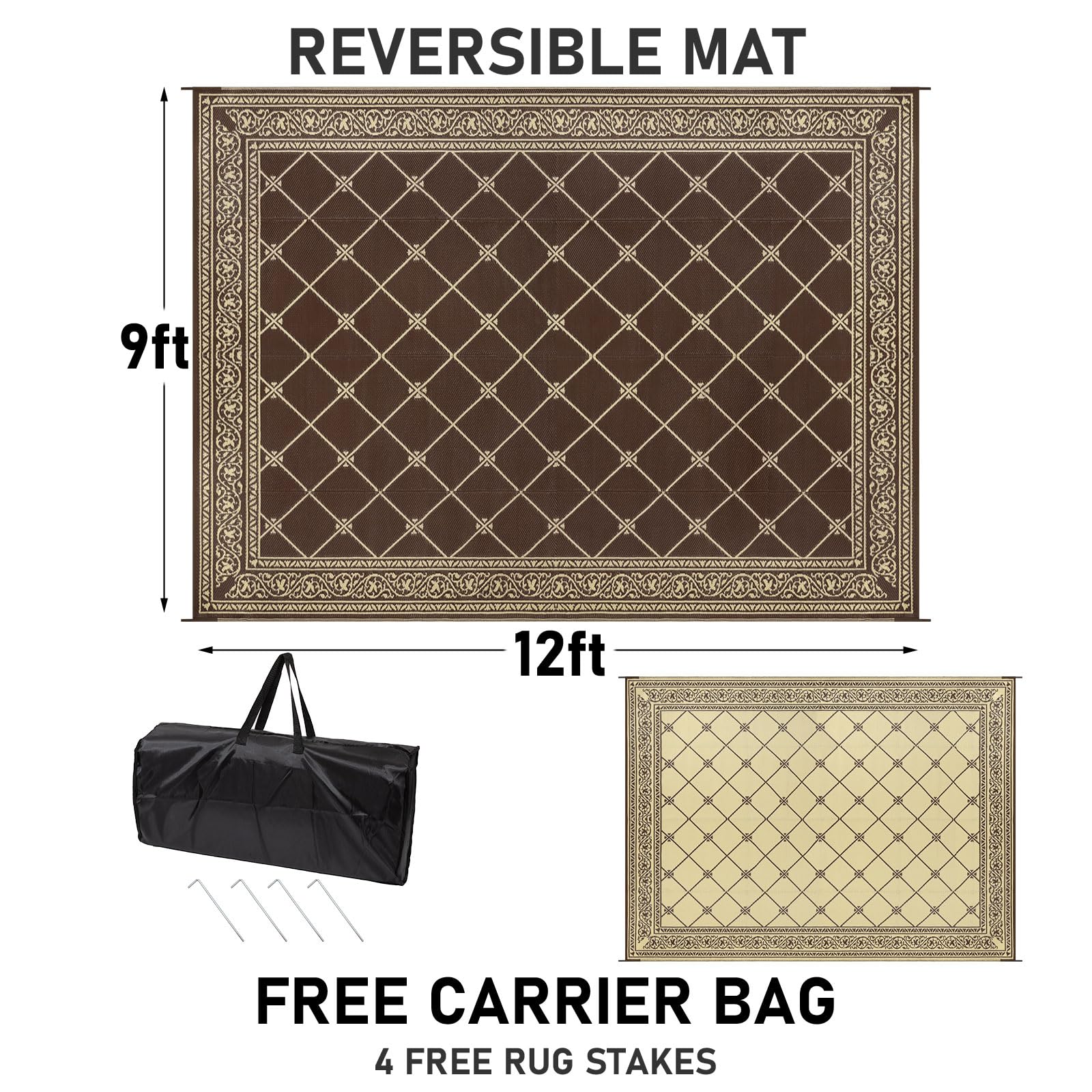 Hiiarug 9X12 Outdoor Rugs Outdoor Patio Rug, Reversible Waterproof Plastic Straw Rug Large Outdoor Rug (9X12Ft, Brown)