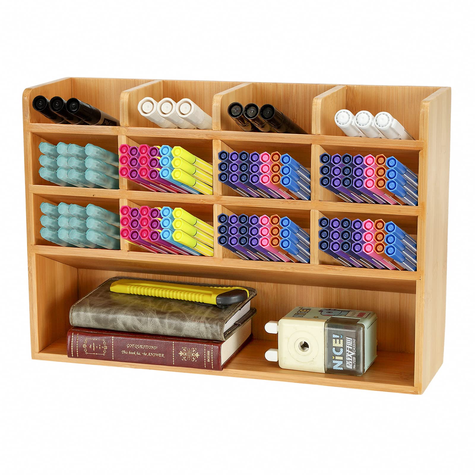 Dicunoy Desktop Pen Holder Organizer, Bamboo Art Supply Storage Caddy Holds 300 Pencils And Markers, 13 Compartments Thick Penci