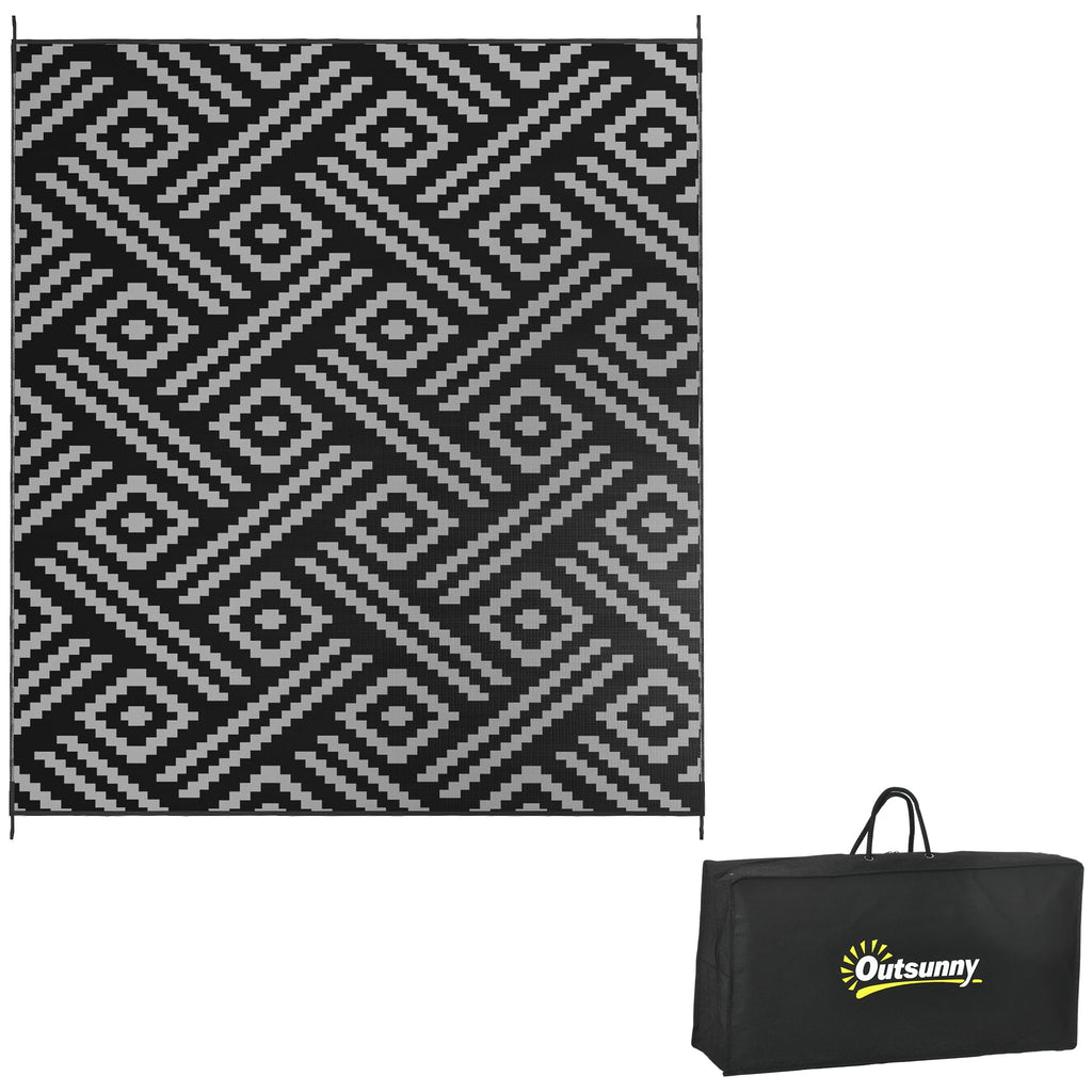 Outsunny Reversible Outdoor Rug, 8' X 10' Waterproof Plastic Straw Floor Mat, Portable Rv Camping Carpet, Large Floor Mat For Backyard, Deck, Picnic, Beach, Black & Gray Geometric