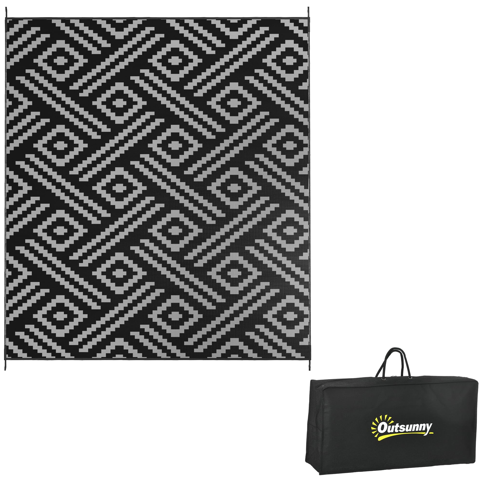 Outsunny Reversible Outdoor Rug, 8' X 10' Waterproof Plastic Straw Floor Mat, Portable Rv Camping Carpet, Large Floor Mat For Backyard, Deck, Picnic, Beach, Black & Gray Geometric