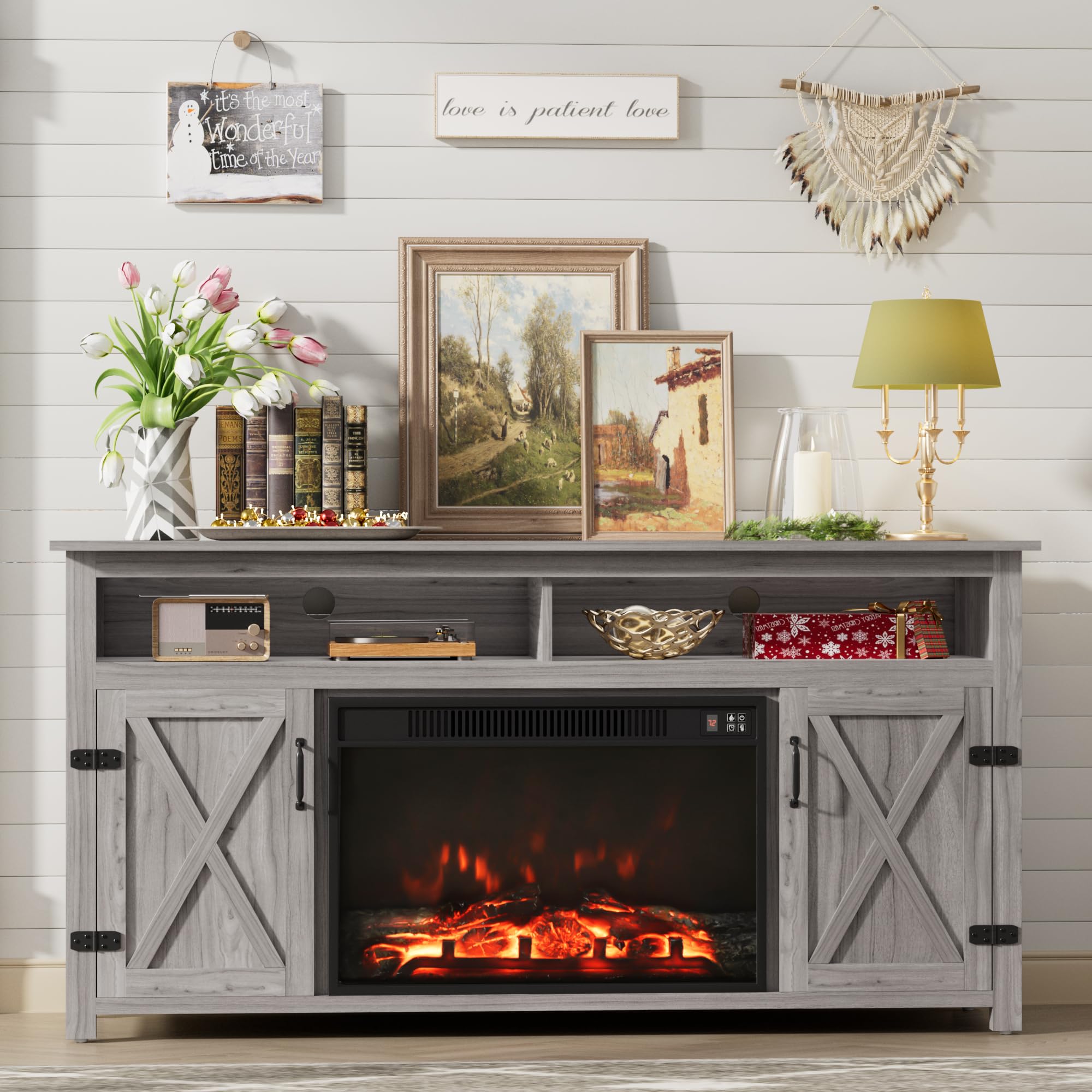 Furmax Farmhouse Fireplace TV Stand for TVs Up to 65 Inch Highboy Entertainment Center with Open Storage and Side Cabinets Rusti