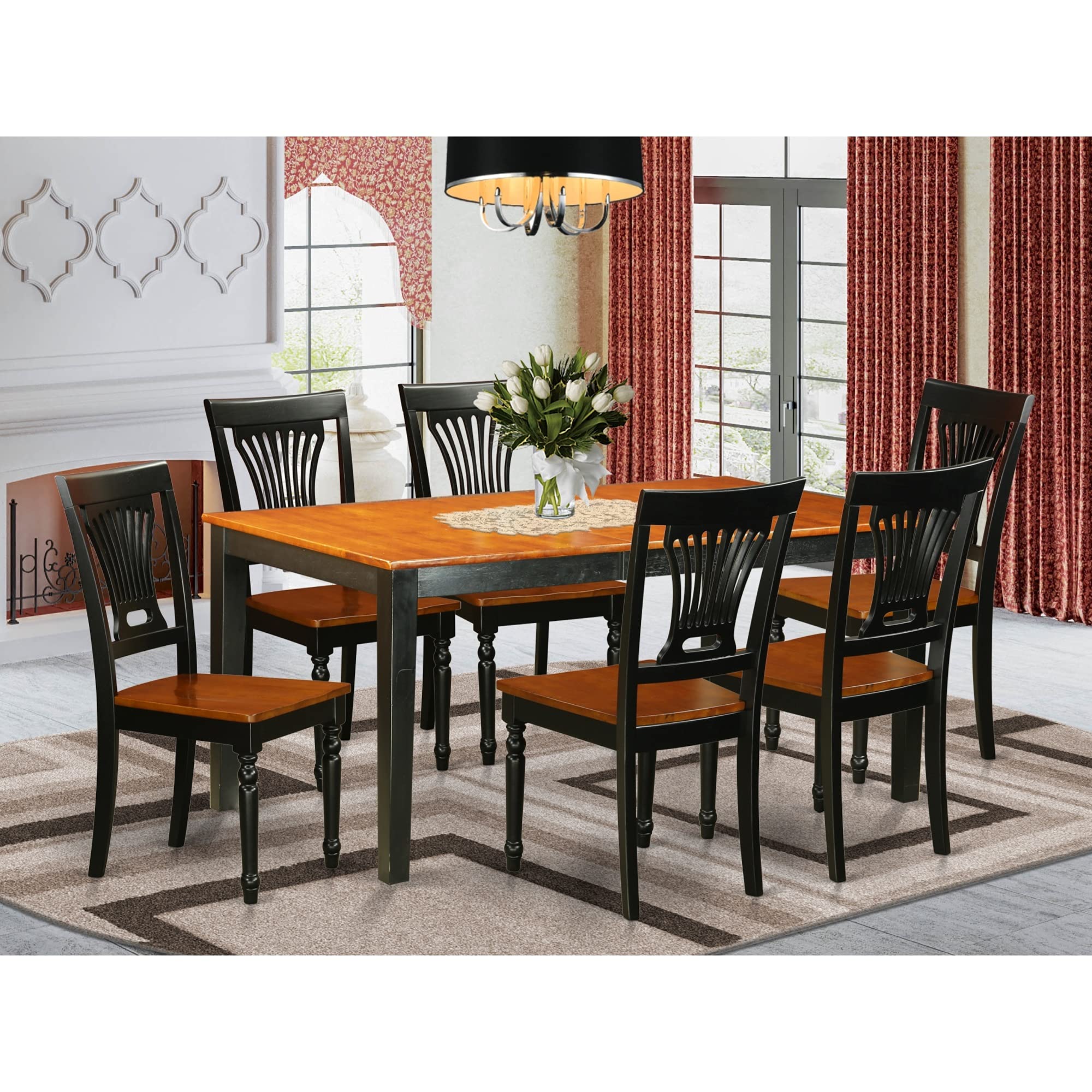 East West Furniture NIPL7-BCH-W 7 Piece Dining Table Set Consist of a Rectangle Dining Room Table with Butterfly Leaf and 6 Wooden Seat Chairs, 36x66 Inch, Black & Cherry