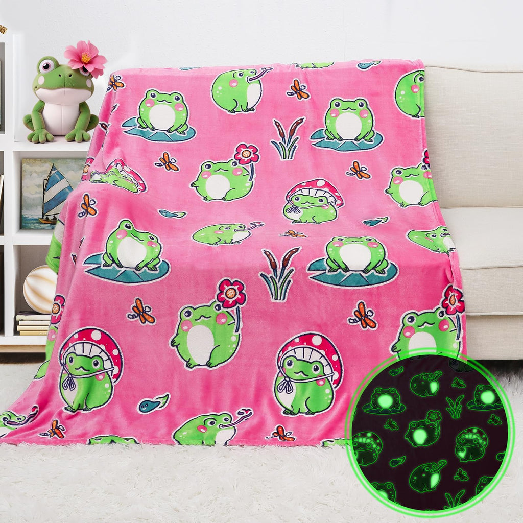 KIVEE Cute Frog Blanket Glow in The Dark Blanket for Girls Frog Gifts for Kids Girls Frog Decor 60''x80''