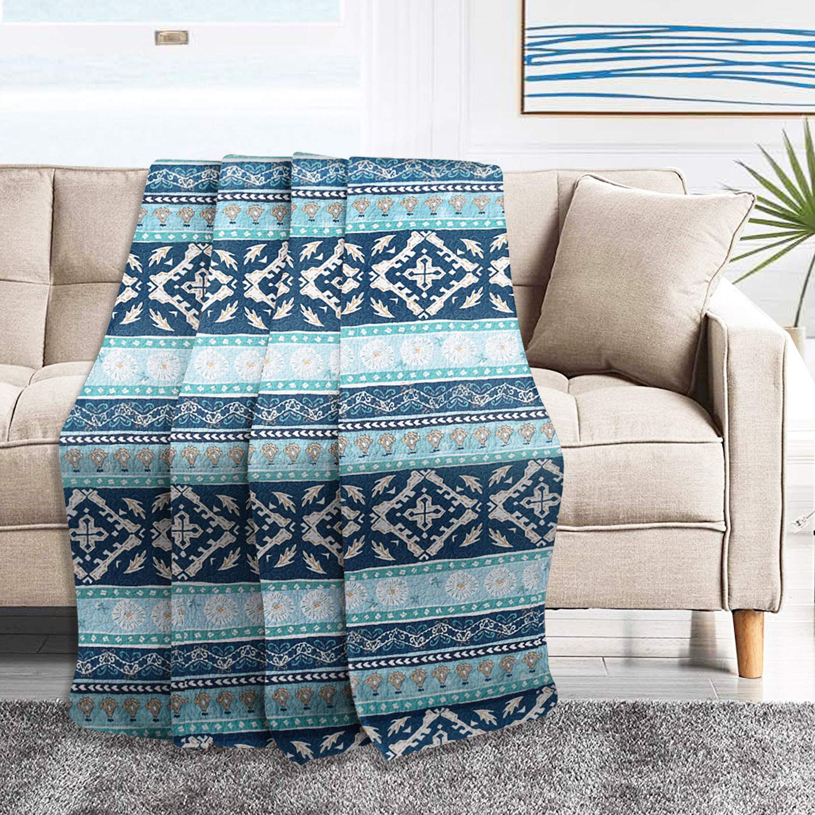 Newlake Quilted Throw Blanket For Bed Couch Sofa, Boho Chic Pattern, 60X78 Inch