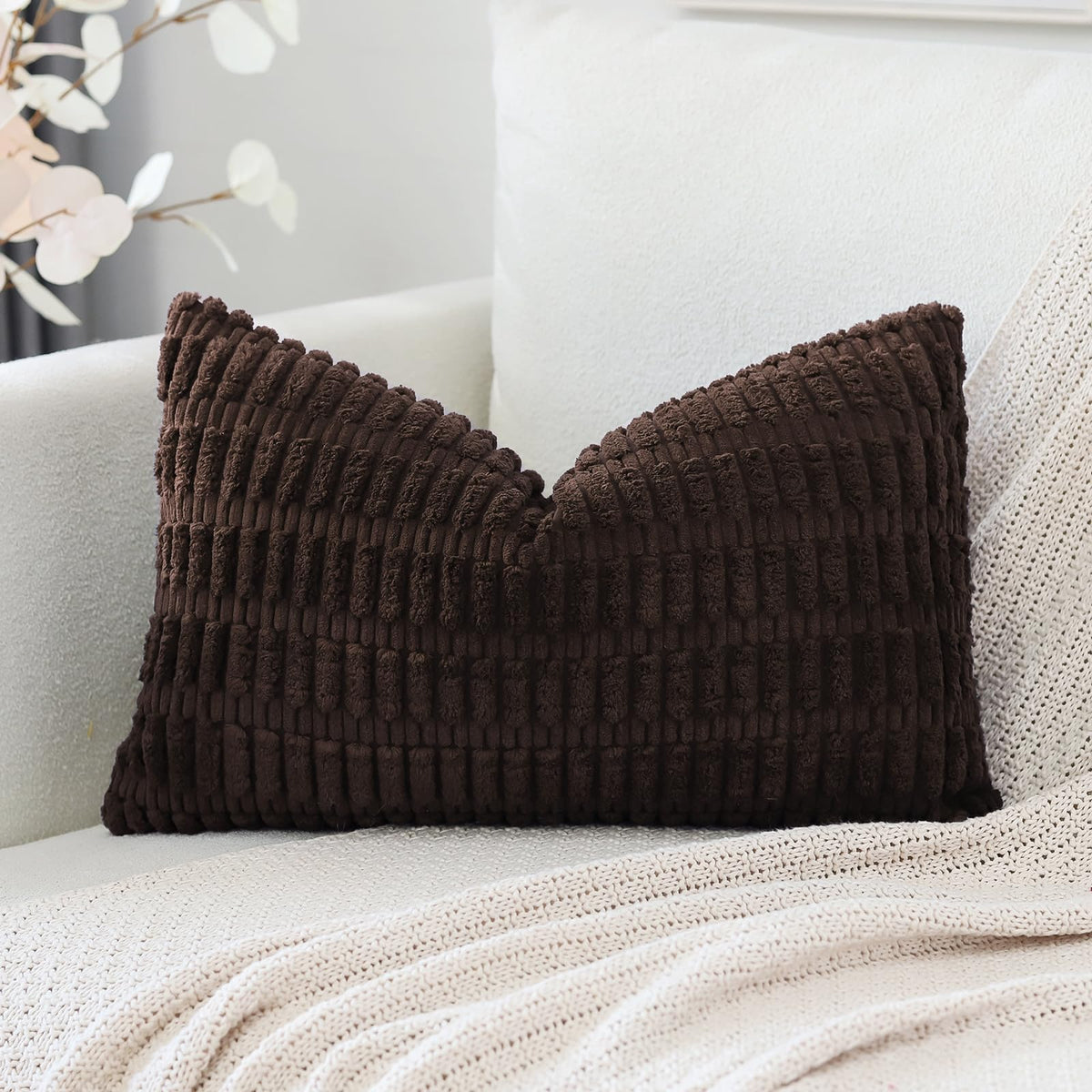 Otostar Corduroy Decorative Throw Pillow Covers 16X24 Inch Super Soft Boho Striped Rectangle Pillow Covers Case Modern Cushion Covers For Sofa Couch Bedroom Car Decor Dark Brown