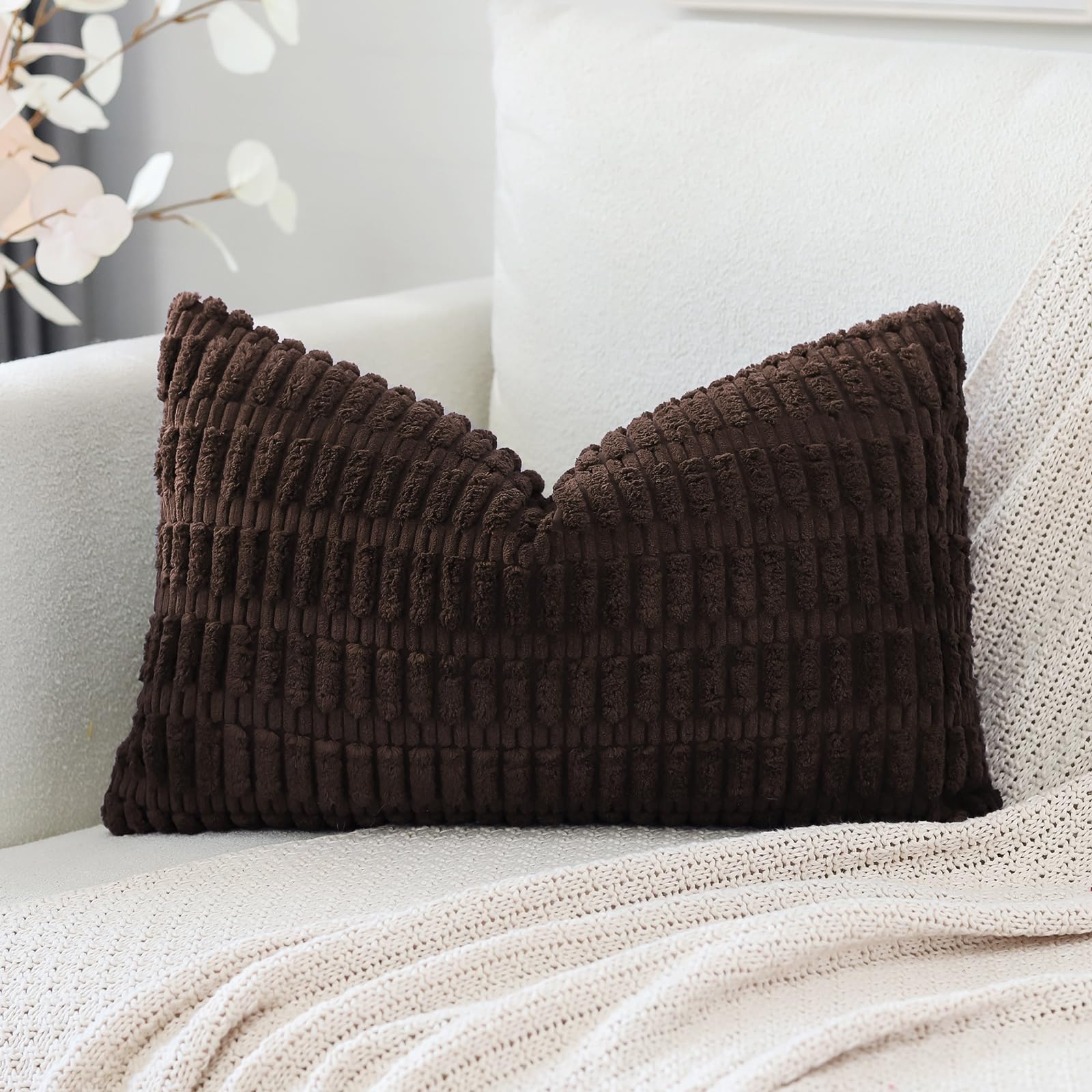 Otostar Corduroy Decorative Throw Pillow Covers 16X24 Inch Super Soft Boho Striped Rectangle Pillow Covers Case Modern Cushion Covers For Sofa Couch Bedroom Car Decor Dark Brown