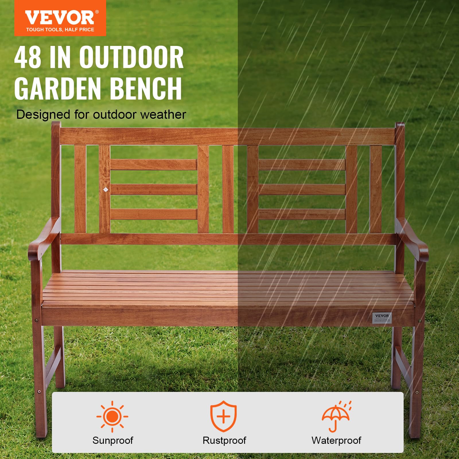 Vevor Wood Outdoor Bench, 2-Person Garden Bench With Backrest And Armrests, 700 Lbs Load Capacity,All-Weather Never Rot Patio Bench For Garden, Park, Yard, Front Porch