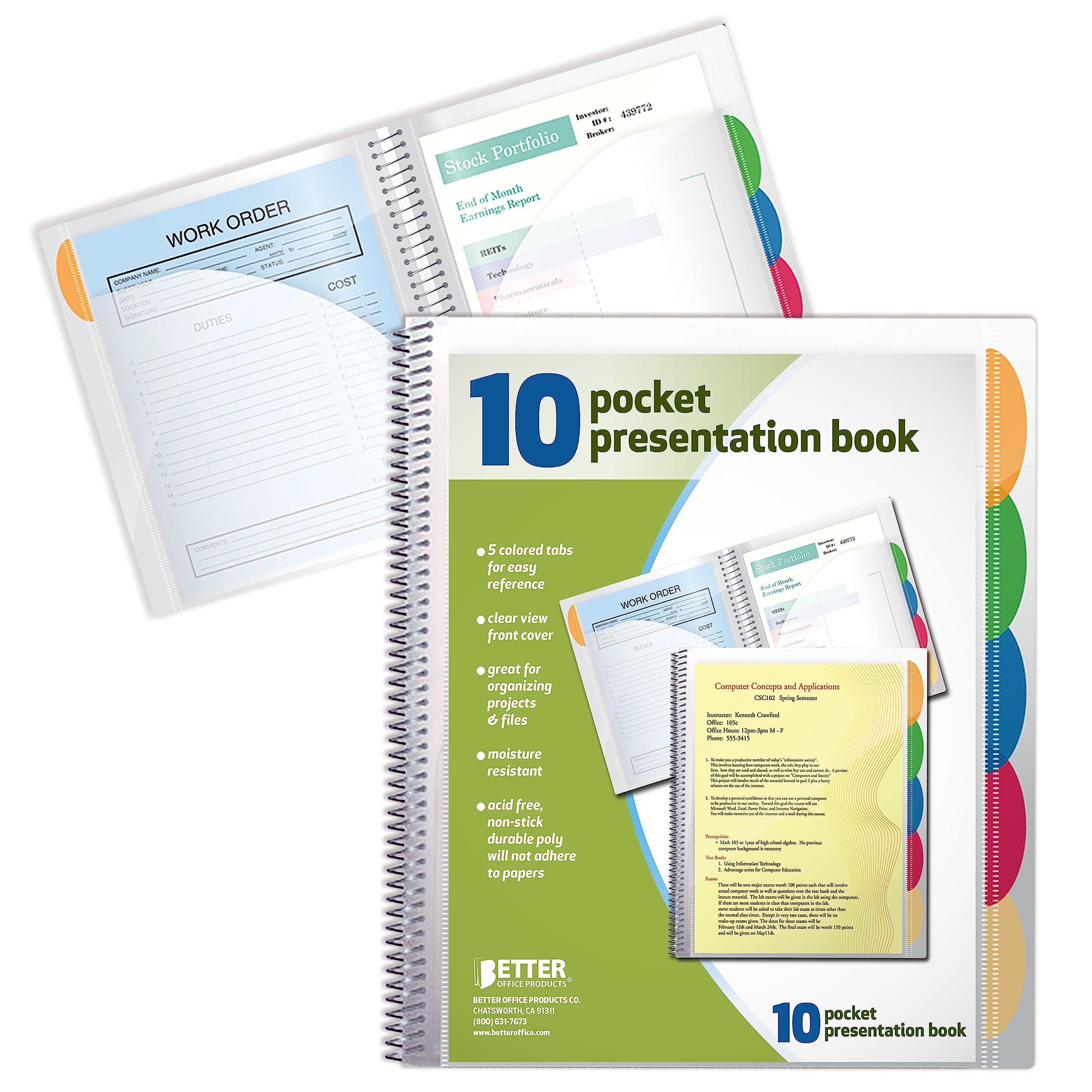 Better Office Products 10 Pocket Poly Presentation Folder With Tabs, 2 Count