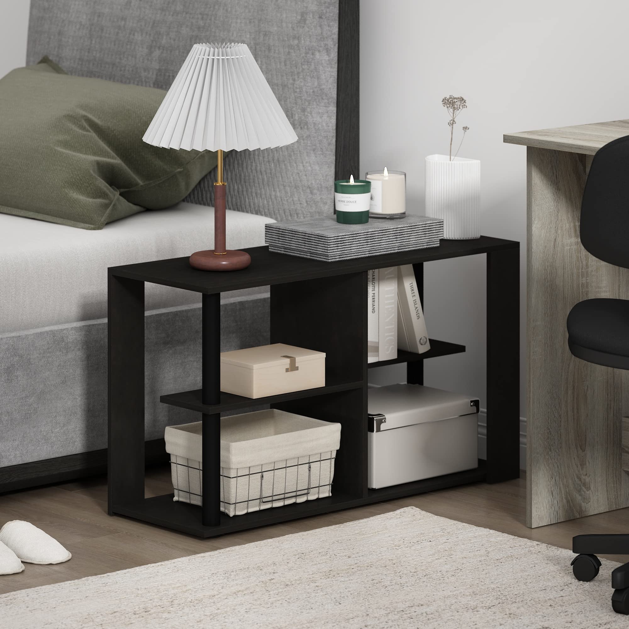 Furinno Romain Narrow End Table With Shelves, Espresso/Black