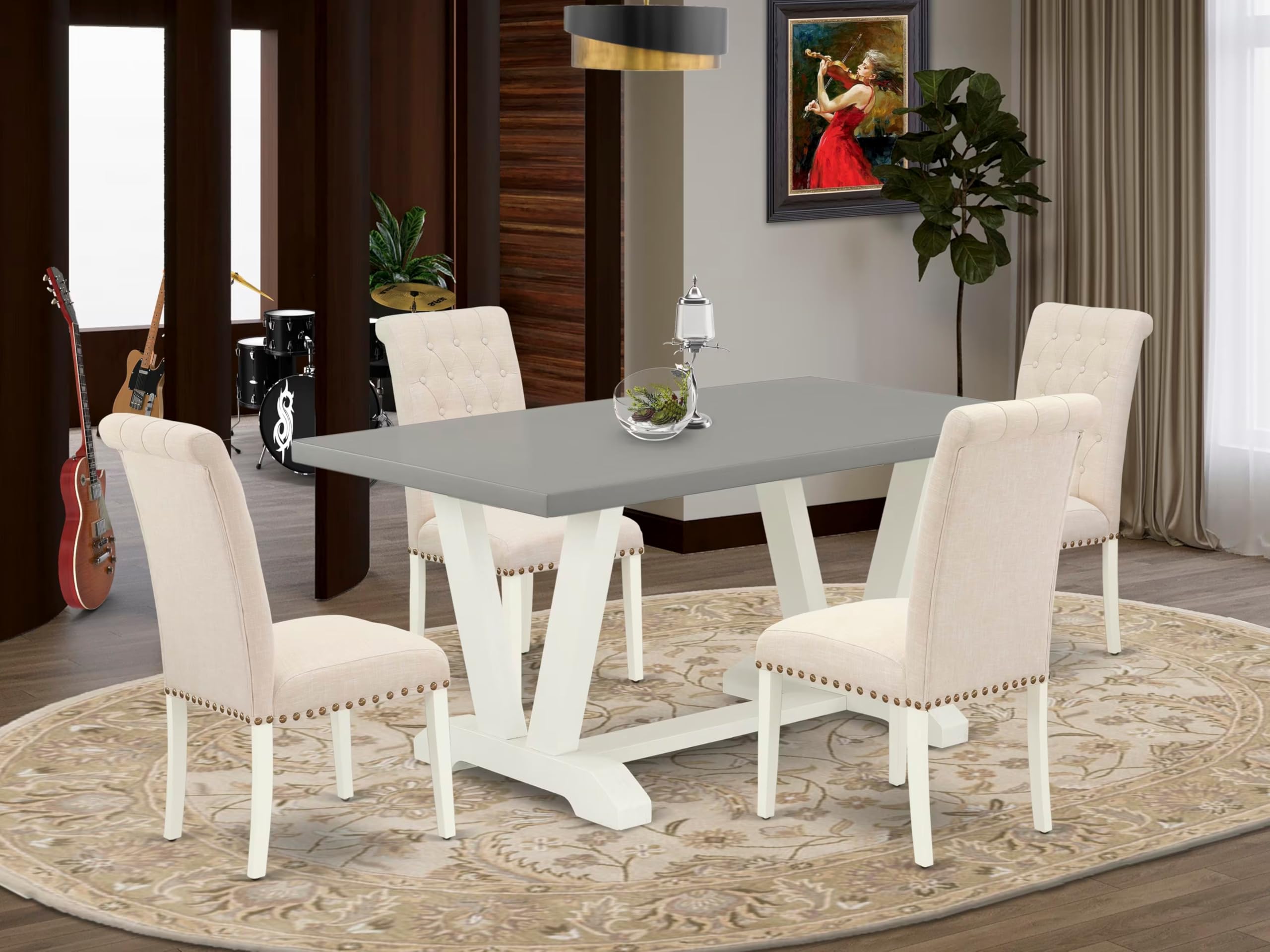 East West Furniture V096Br202-5 5 Piece Kitchen Table Set For 4 Includes A Rectangle Dining Room Table With V-Legs And 4 Light Beige Linen Fabric Upholstered Chairs, 36X60 Inch, Multi-Color