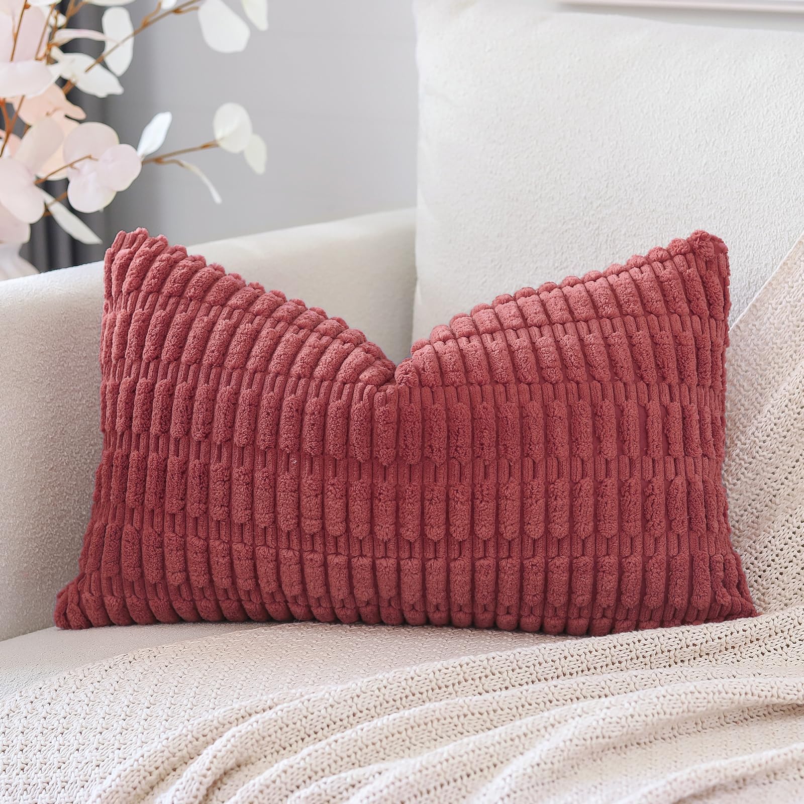 Otostar Corduroy Decorative Throw Pillow Covers 12X20 Inch Super Soft Boho Striped Rectangle Pillow Covers Case Modern Cushion Covers For Sofa Couch Bedroom Car Decor Jam