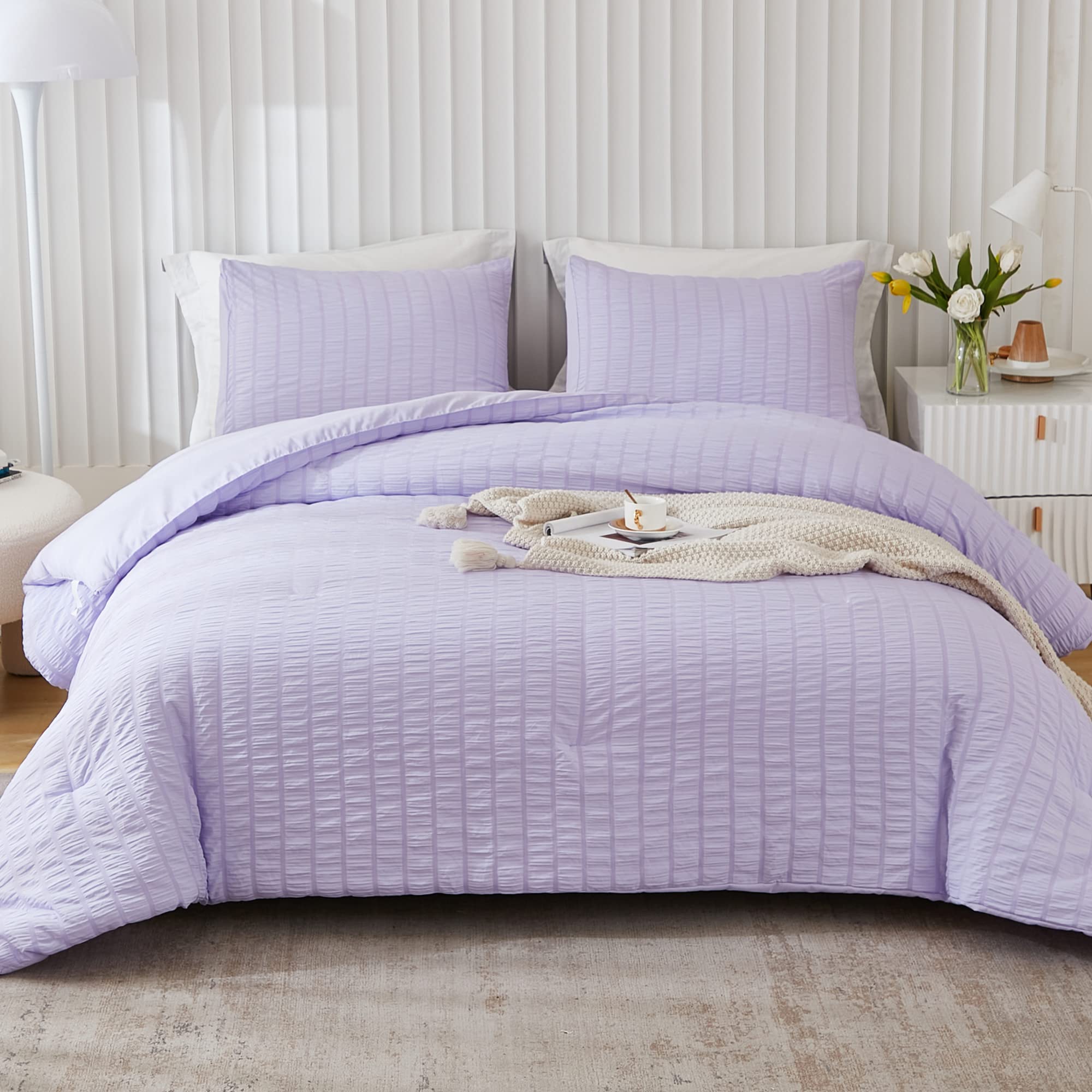 Avelom Lavender Purple Seersucker Comforter Set, California King, 104X96, 3 Pieces