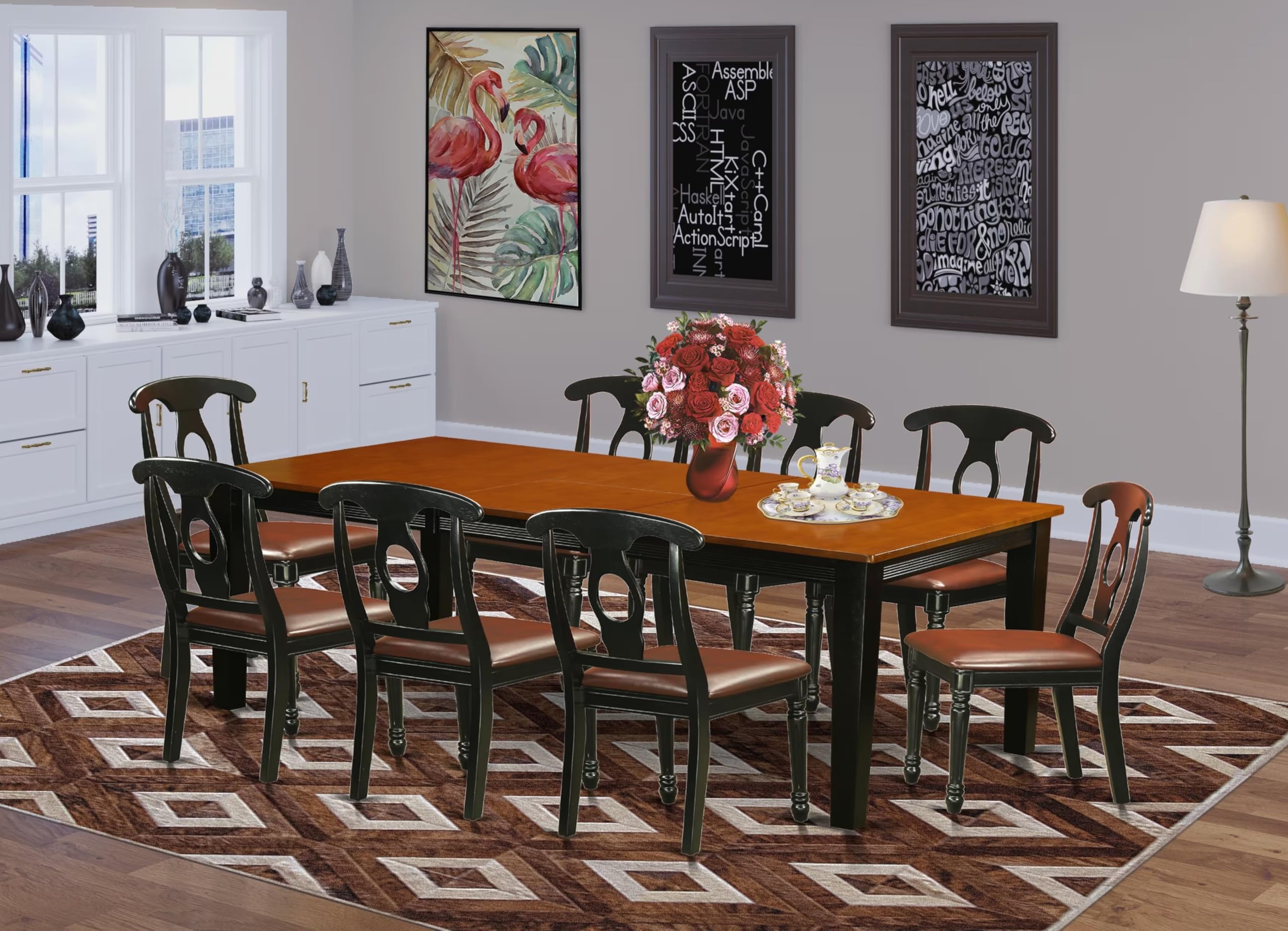 East West Furniture QUKE9-BCH-LC 9 Piece Dining Table Set Includes a Rectangle Dinner Table with Butterfly Leaf and 8 Faux Leather Dining Room Chairs, 40x78 Inch, Black & Cherry
