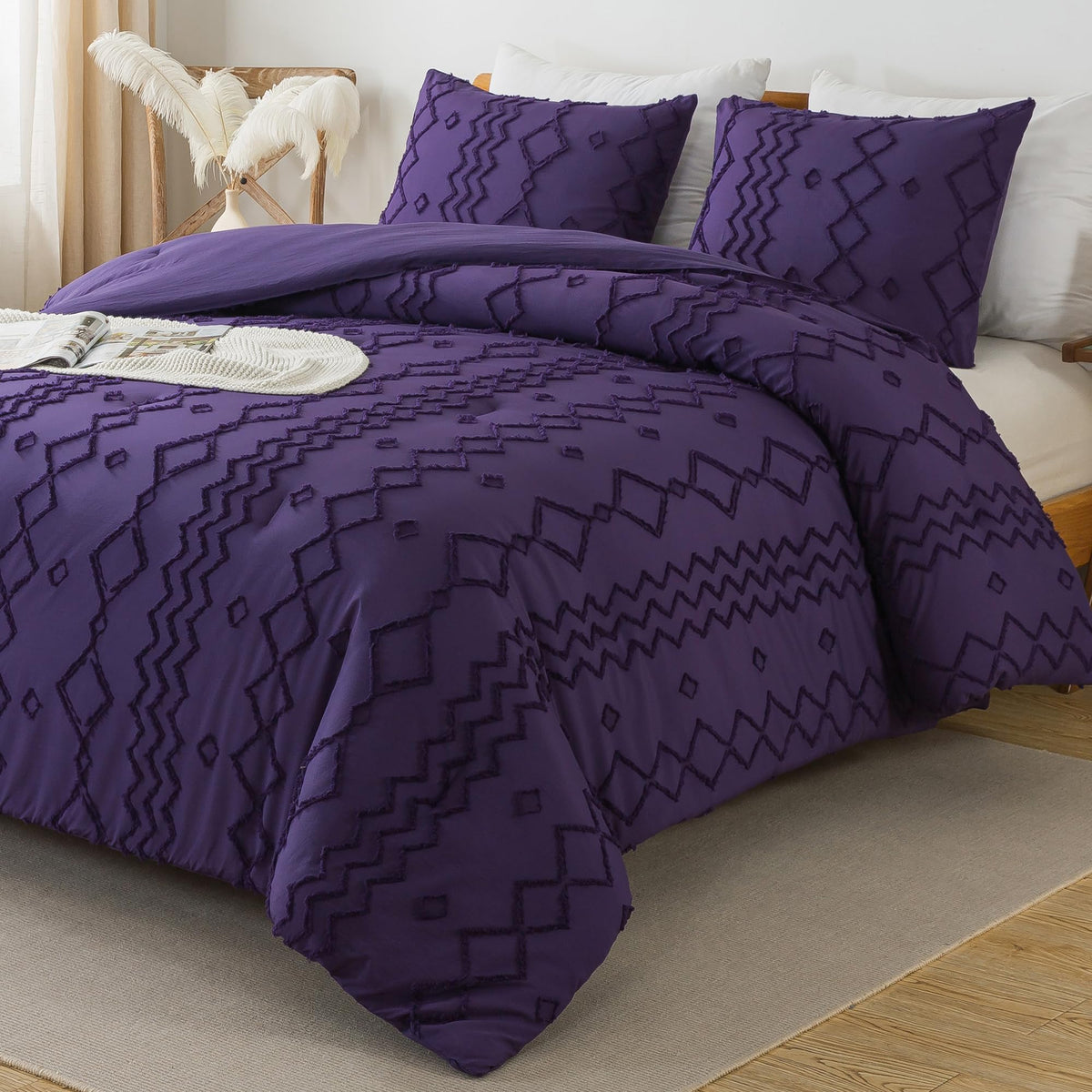 Andency Purple Tufted Comforter Set King(104X90Inch), 3 Pieces(1 Boho Comforter, 2 Pillowcases) Textured Farmhouse Comforter, So
