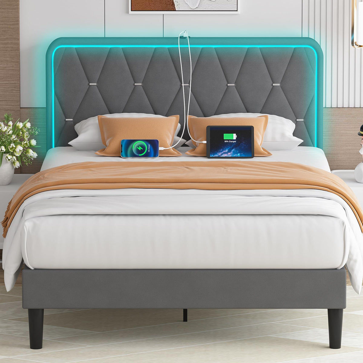 VECELO Upholstered Full Bed Frame with Headboard Adjustable, Velvet Pl ...