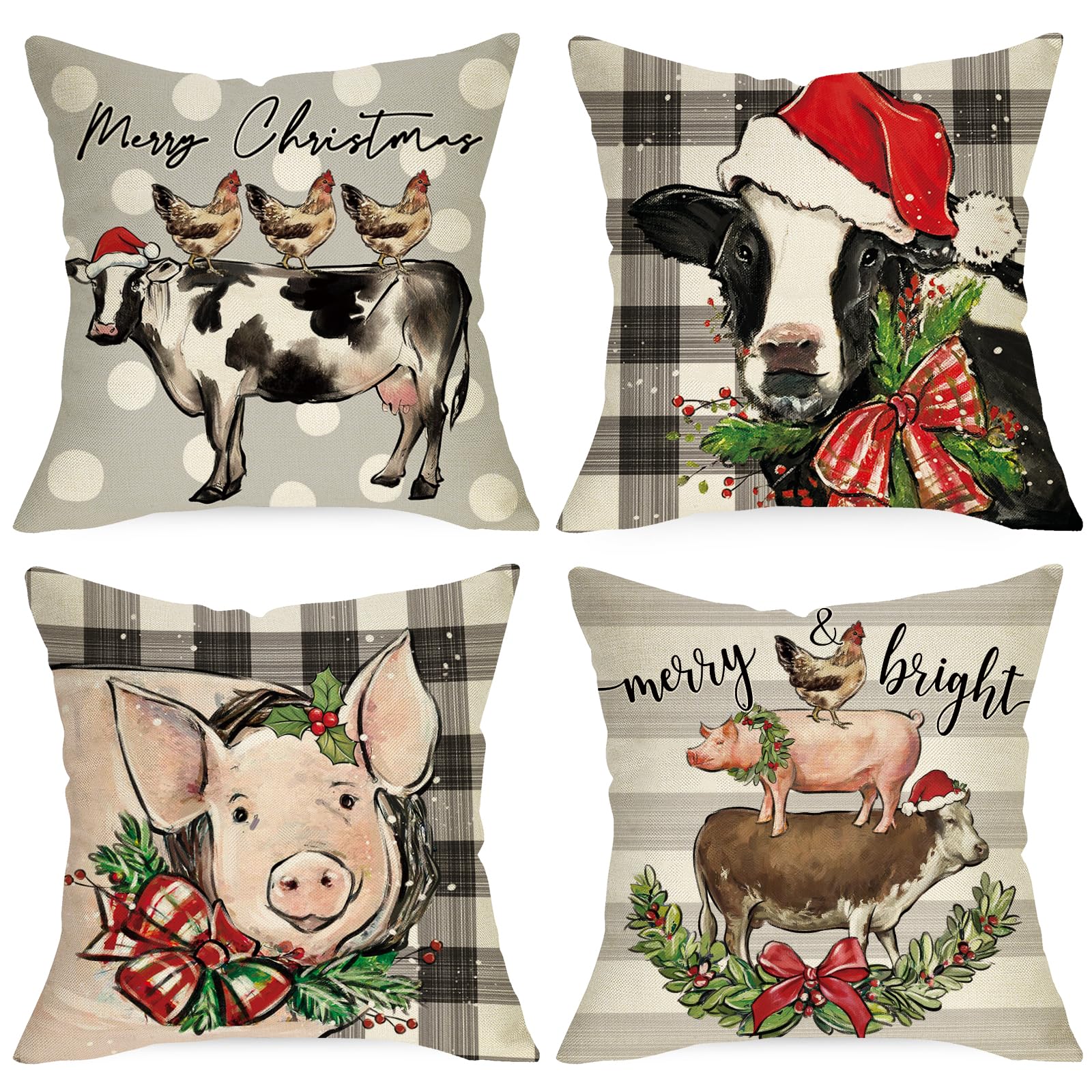 Ussap Christmas Farm Animals Decorative Throw Pillow Covers 18X18 Set Of 4, Xmas Cow Pig Chicken Wreath Cushion Case Decor, Buff