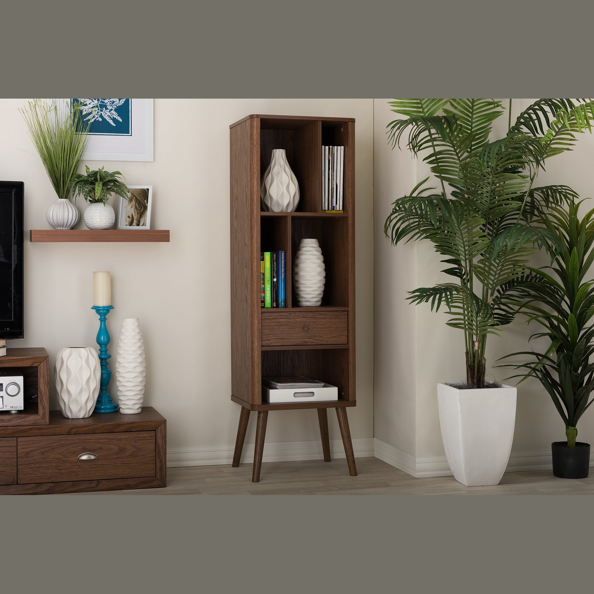 Baxton Studio FP-6785-Walnut Bookcase, 15.21LX18.41WX60.26H, Walnut Brown
