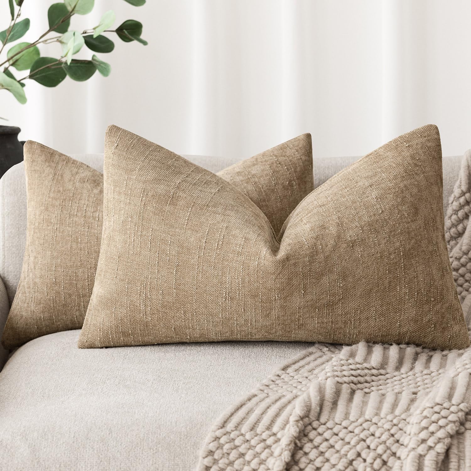 Foindtower Pack Of 2 Soft Textured Chenille Throw Decorative Pillow Covers Square Accent Solid Cushion Cover Neutral Lumbar Pill